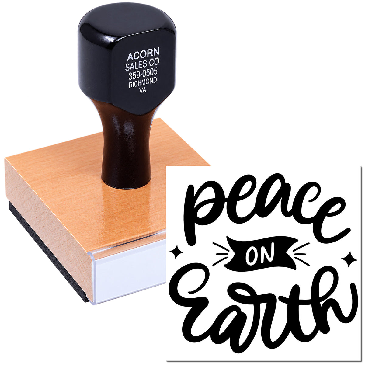 Custom Peace on Earth rubber stamp for holiday cards, gift tags, and festive packaging