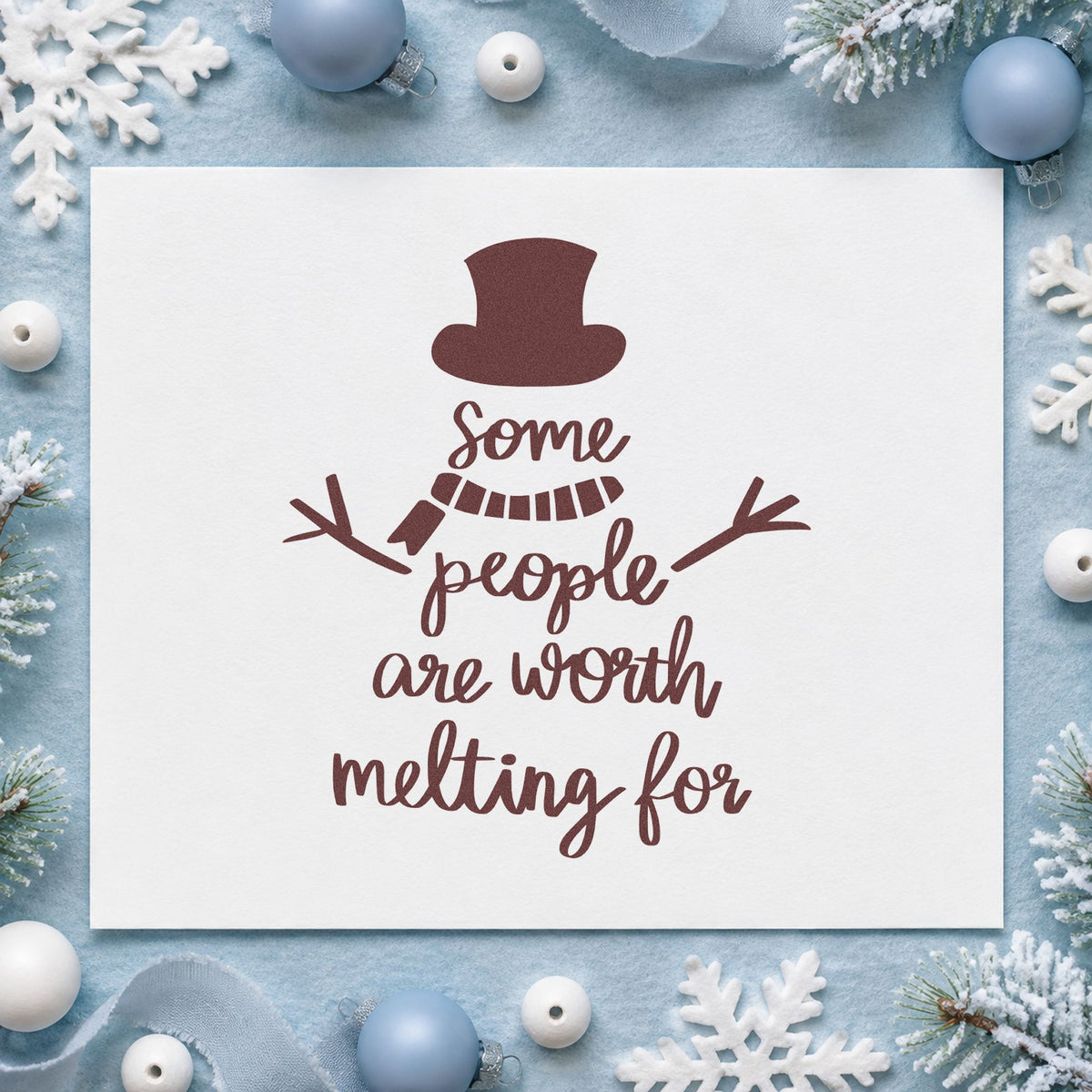 Worth Melting For Snowman rubber stamp printed in brown ink, ready for sentiment journal page and similar paper crafts.