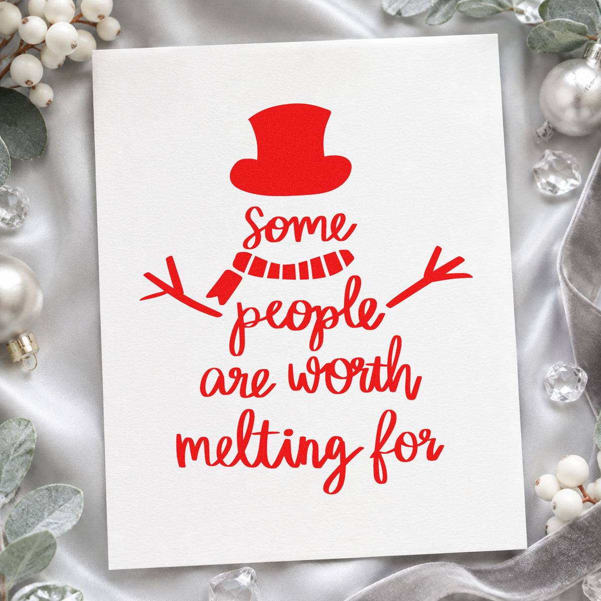 Worth Melting For Snowman rubber stamp shown in red ink, stamped for projects such as care package seals.