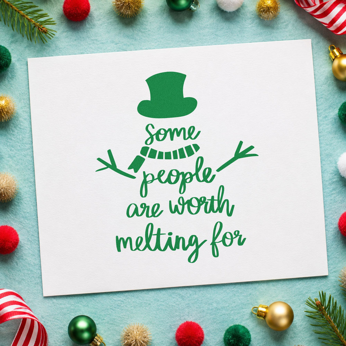 Worth Melting For Snowman craft stamp imprint in green ink on a handmade project, one idea being galentine party menus.