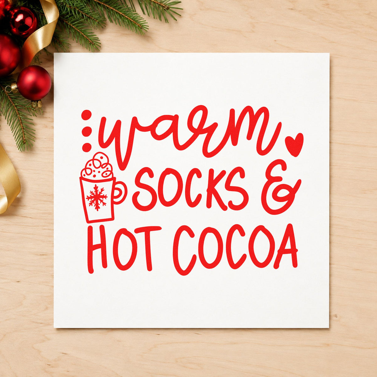 Warm Socks And Hot Cocoa rubber stamp shown in red ink, stamped for projects such as mix pouch labels.