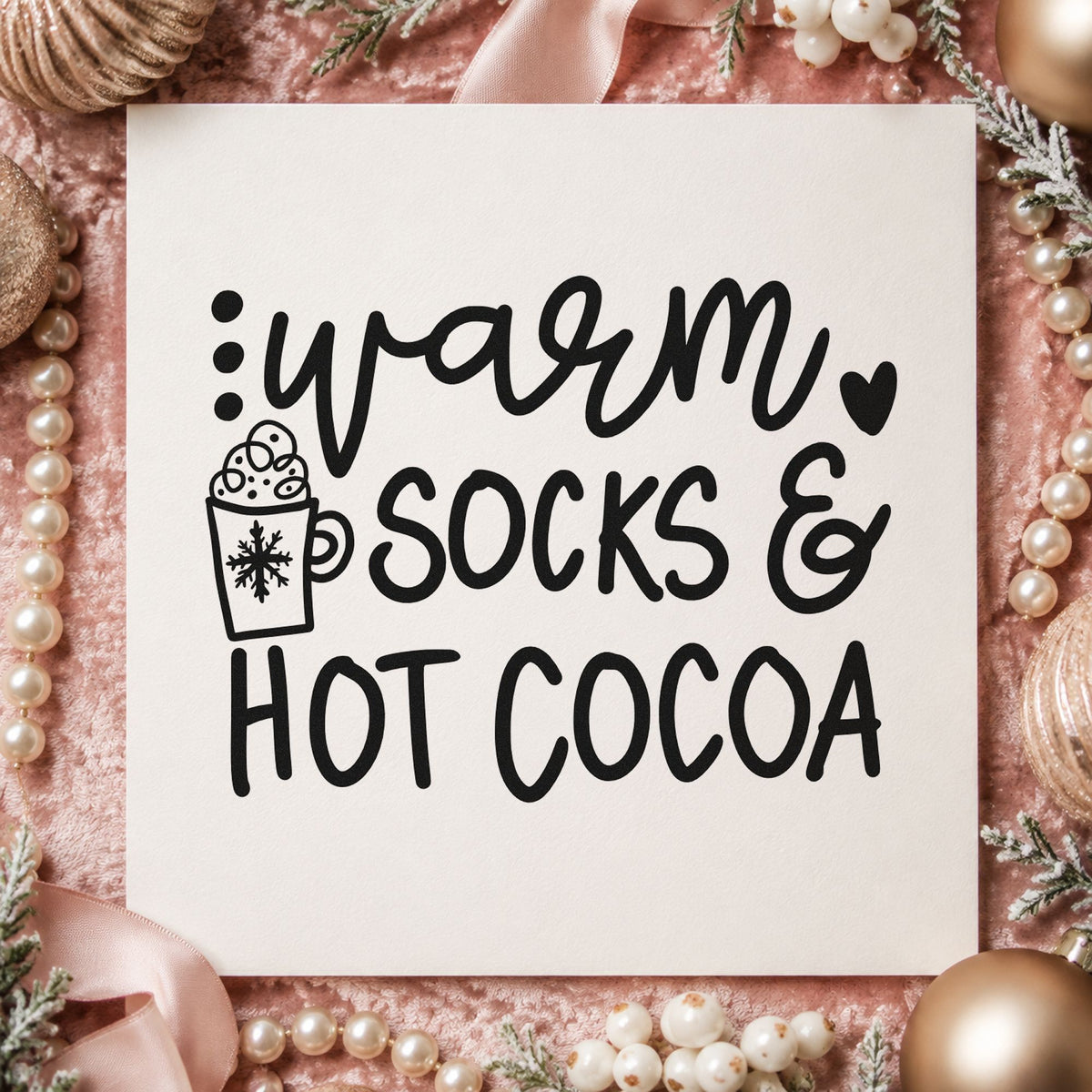 Warm Socks And Hot Cocoa rubber stamp printed in black ink, ready for cocoa mug cards and similar paper crafts.