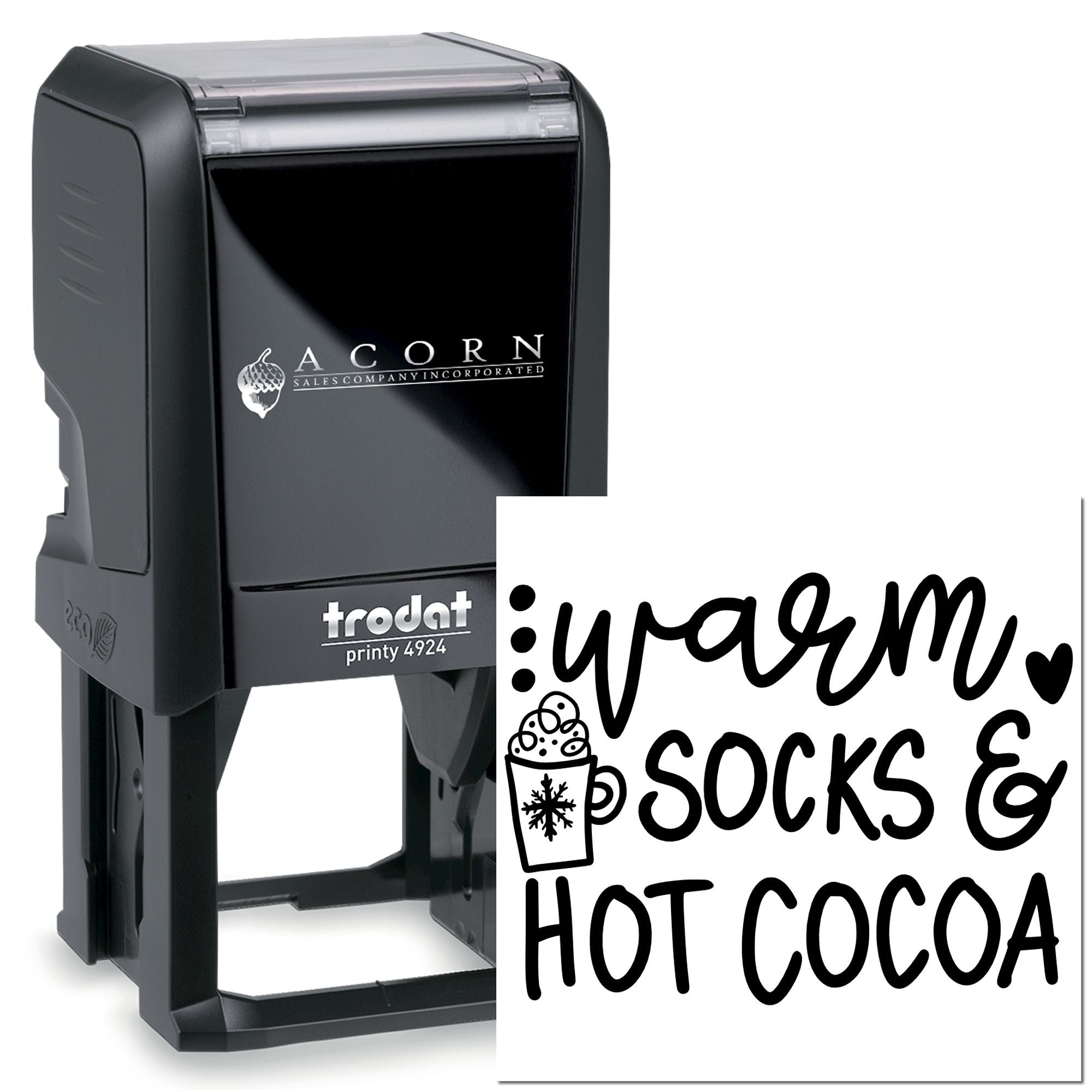 Custom self-inking rubber stamp with Warm Socks & Hot Cocoa design for holiday packaging and seasonal branding.