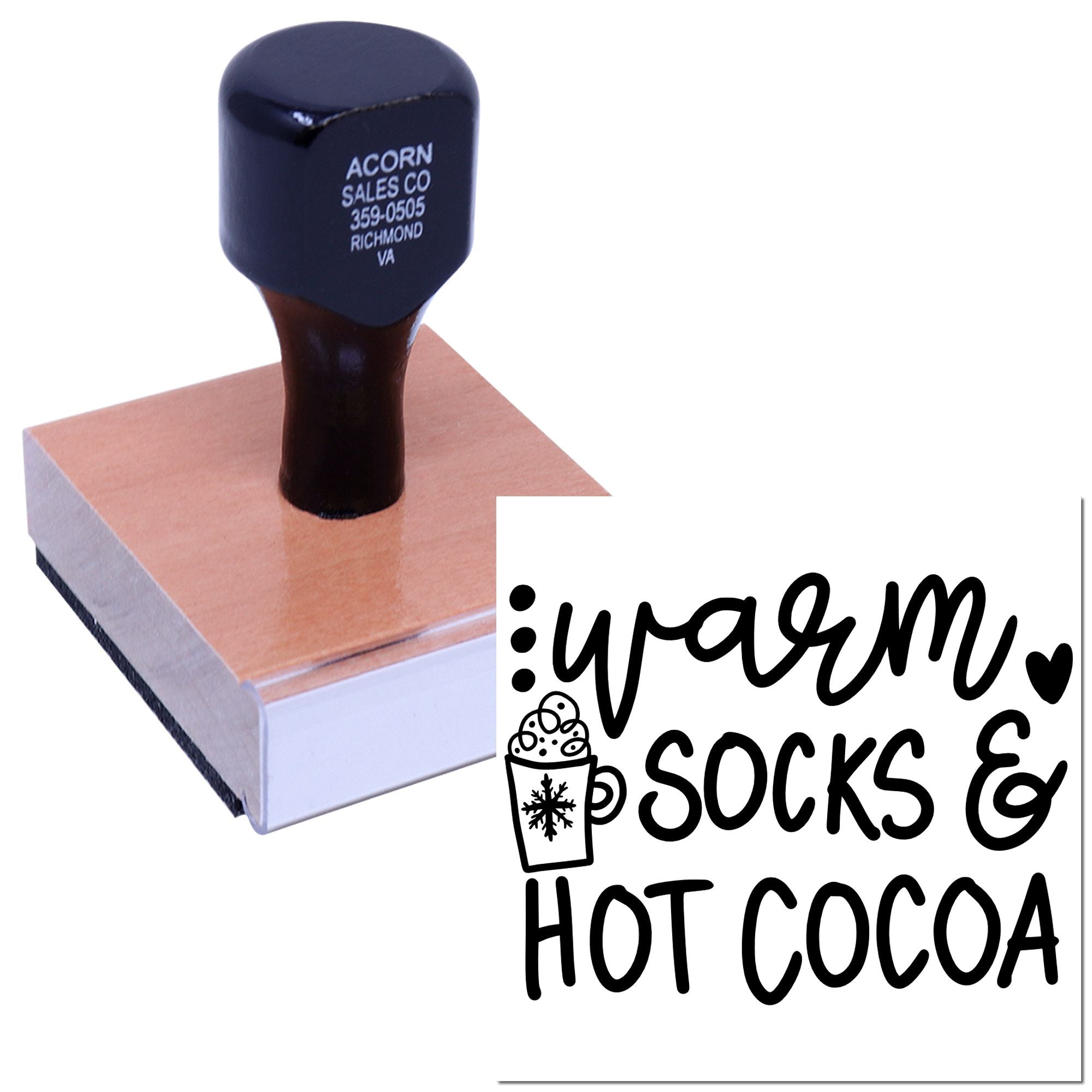 Custom rubber stamp featuring Warm Socks & Hot Cocoa design for winter crafts, holiday cards, and handmade gift tags.