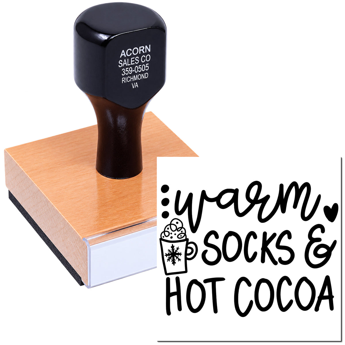 Custom rubber stamp featuring Warm Socks & Hot Cocoa design for winter crafts, holiday cards, and handmade gift tags.