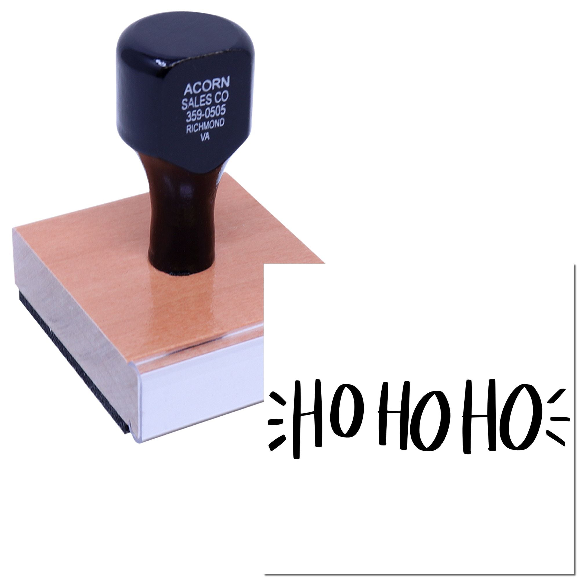 Holiday rubber stamp with HO HO HO design for festive cards, gift wrap, and seasonal packaging.