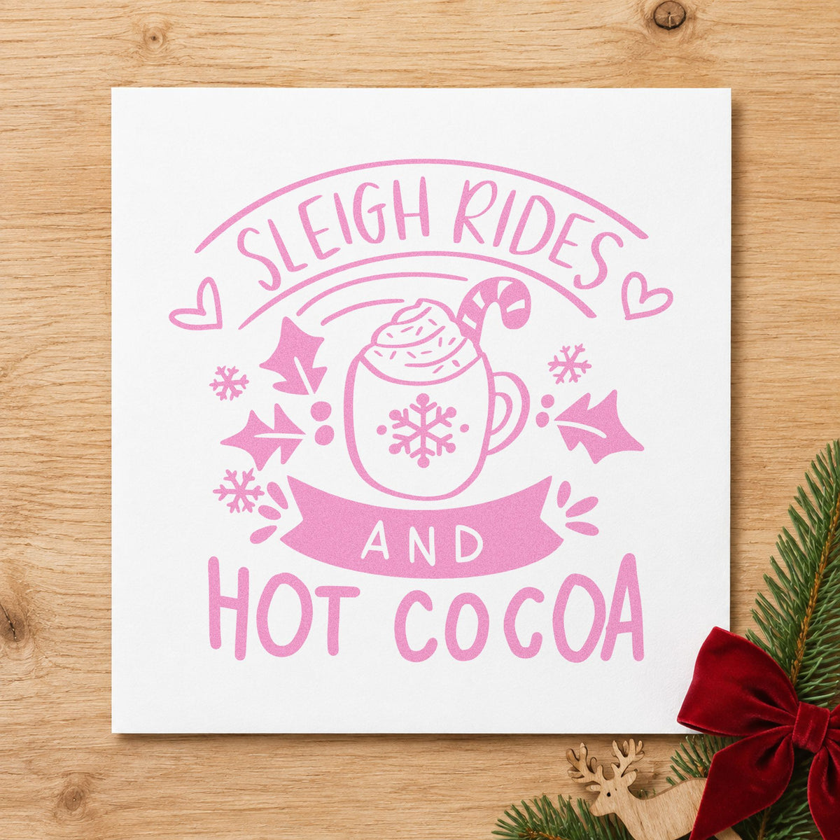 Sleigh Rides And Hot Cocoa craft stamp in purple ink on cardstock, an easy option for farm visit album.