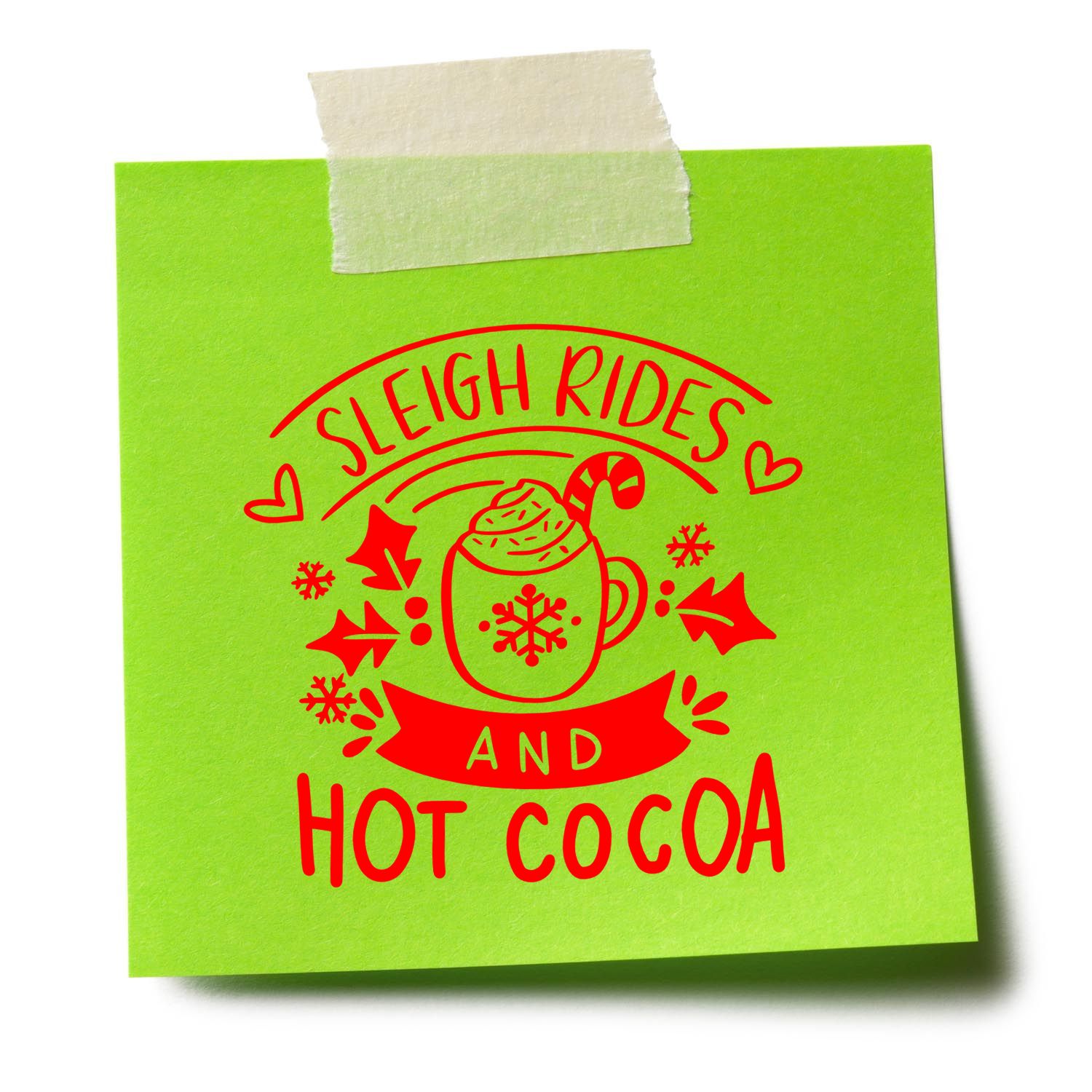 Sleigh Rides and Hot Cocoa rubber stamp design on a green note, ideal for holiday cards, winter crafts, and gift tags.