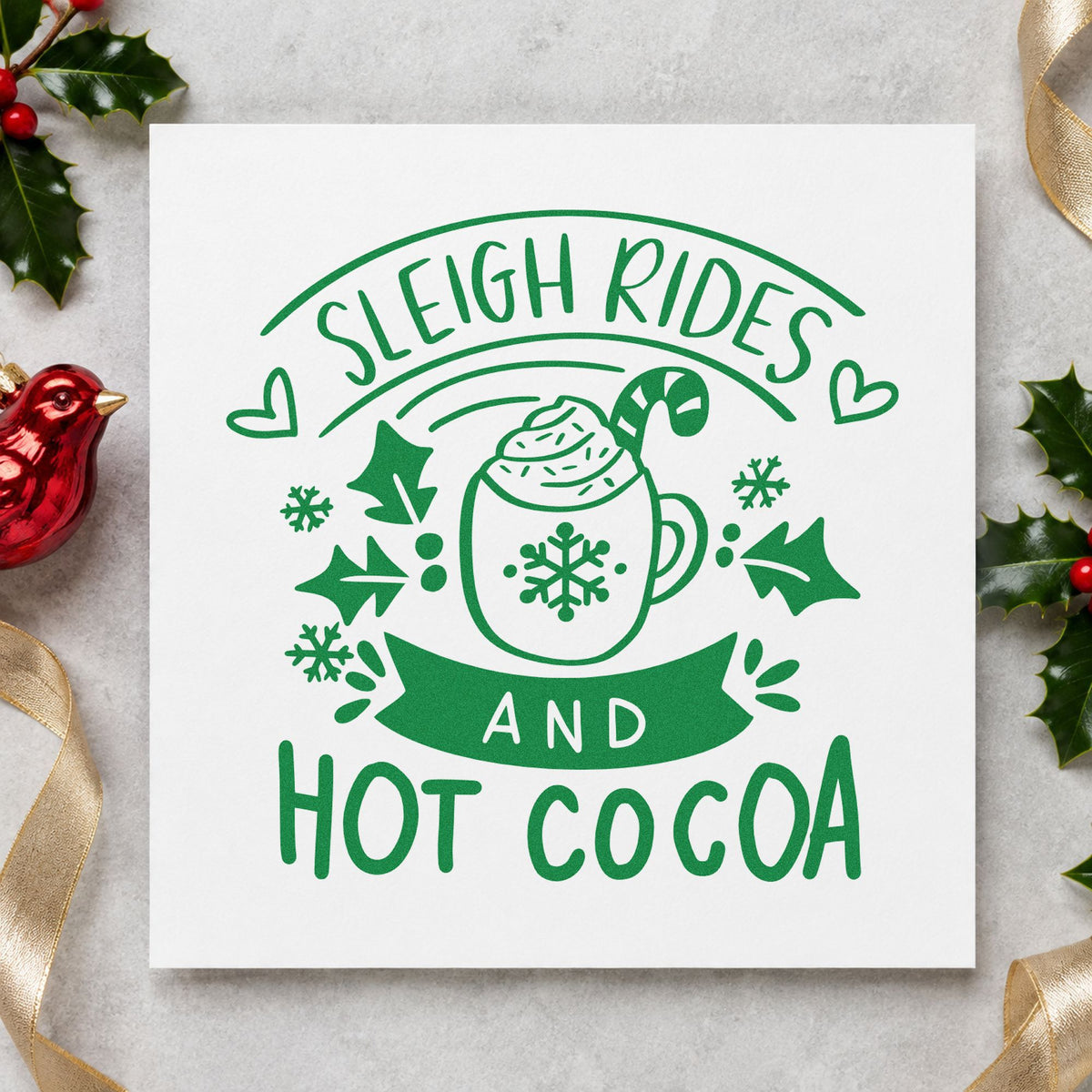 Sleigh Rides And Hot Cocoa craft stamp imprinted in green ink on paper, a design suited to framed tack room art.