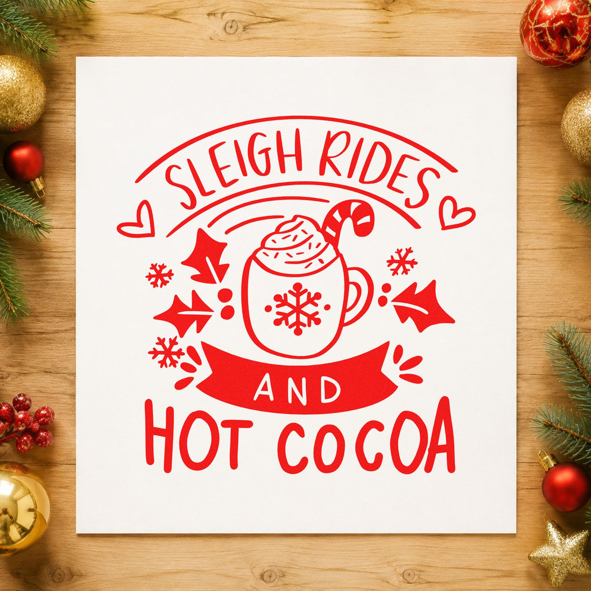 Sleigh Rides And Hot Cocoa rubber stamp shown in red ink, stamped for projects such as thermos case labels.