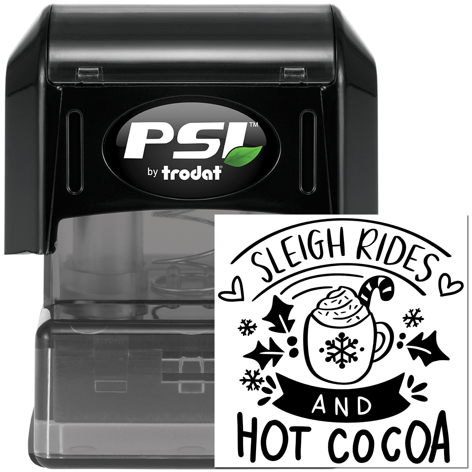 Trodat PSI self-inking rubber stamp with custom Sleigh Rides and Hot Cocoa holiday design for seasonal crafts.
