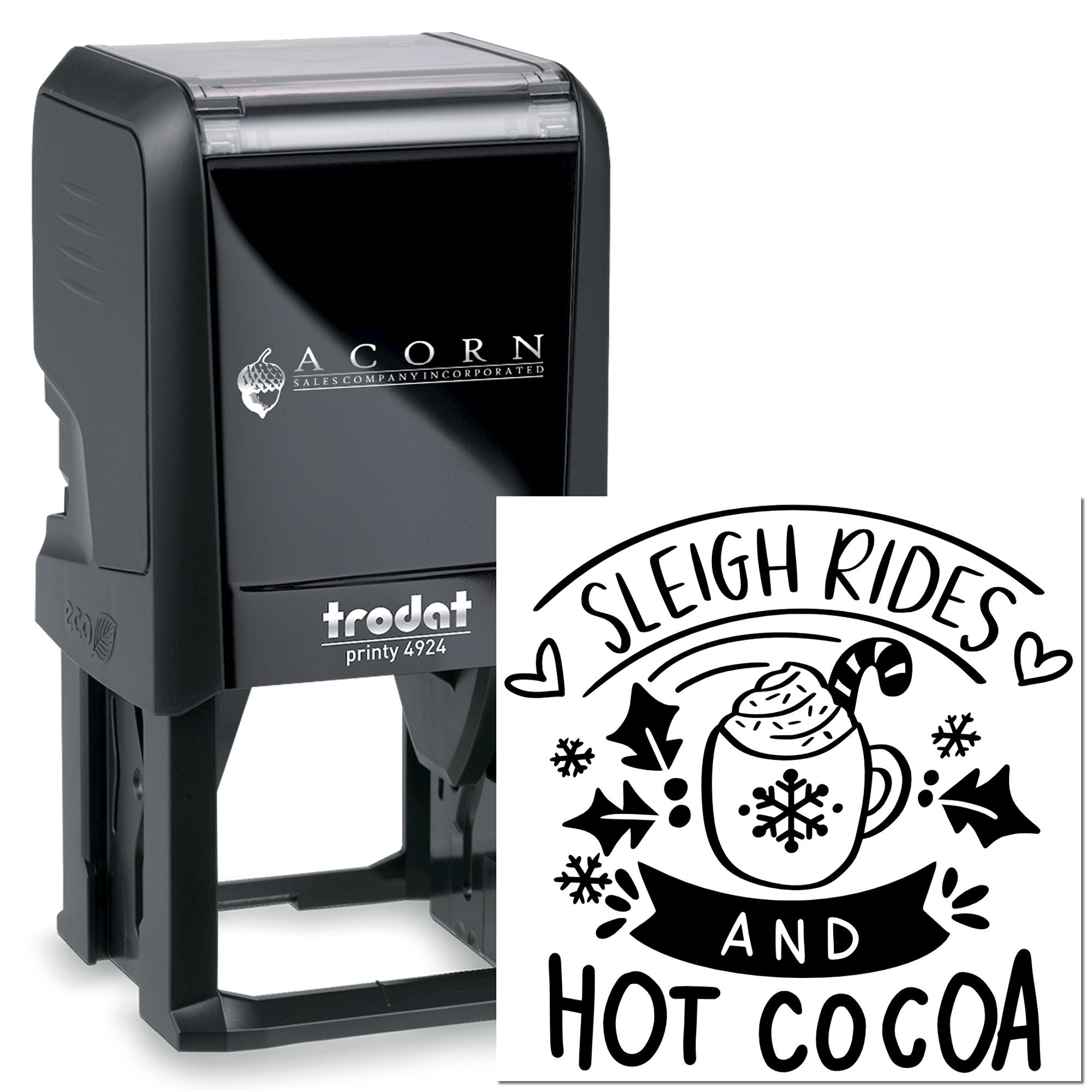 Custom self-inking rubber stamp with Sleigh Rides and Hot Cocoa design for holiday crafting.