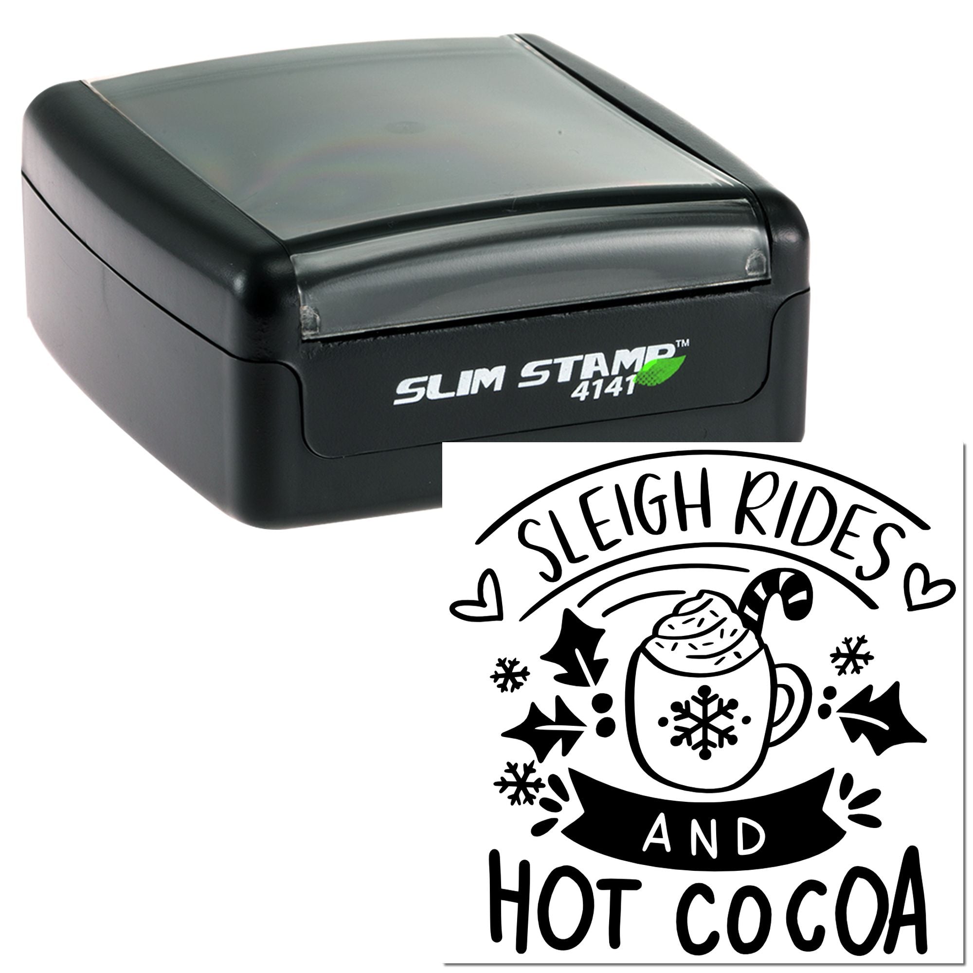 Slim Stamp 4141 self-inking rubber stamp with custom Sleigh Rides and Hot Cocoa holiday design.