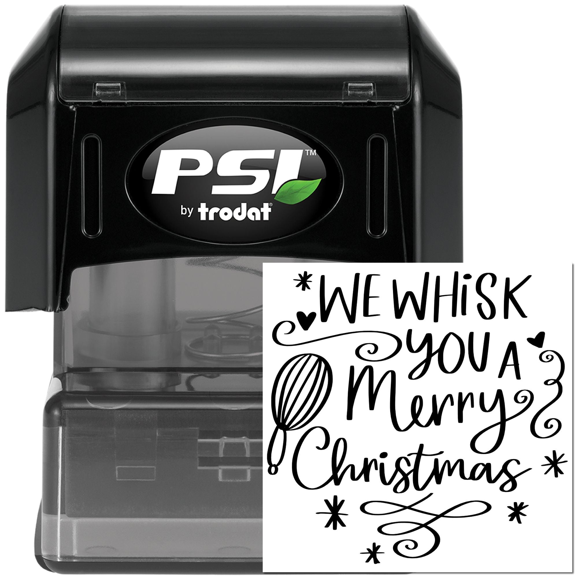 PSI by Trodat self-inking rubber stamp with We Whisk You a Merry Christmas holiday greeting design for custom stamping.