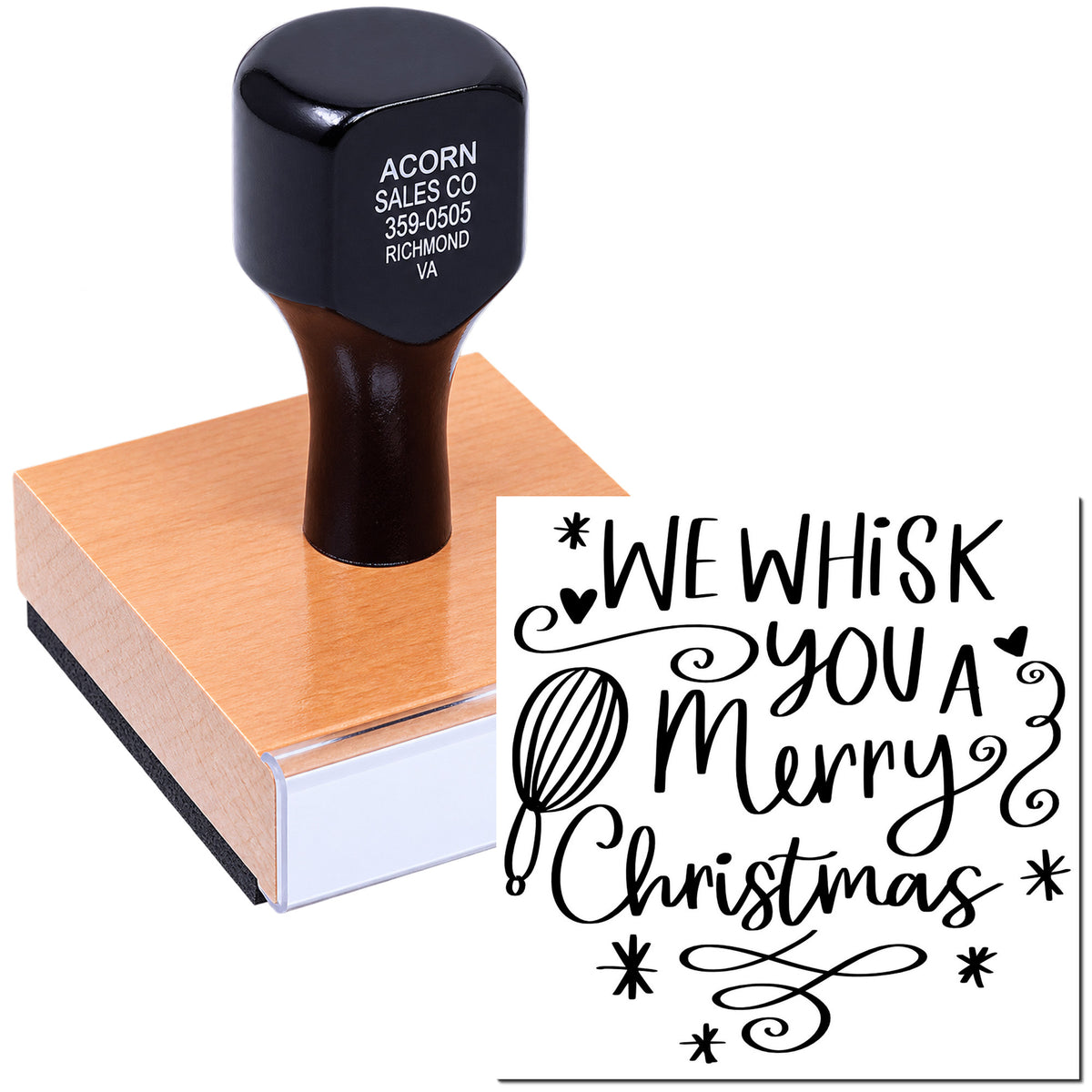 Custom rubber stamp with We Whisk You a Merry Christmas holiday greeting design and stamped impression.