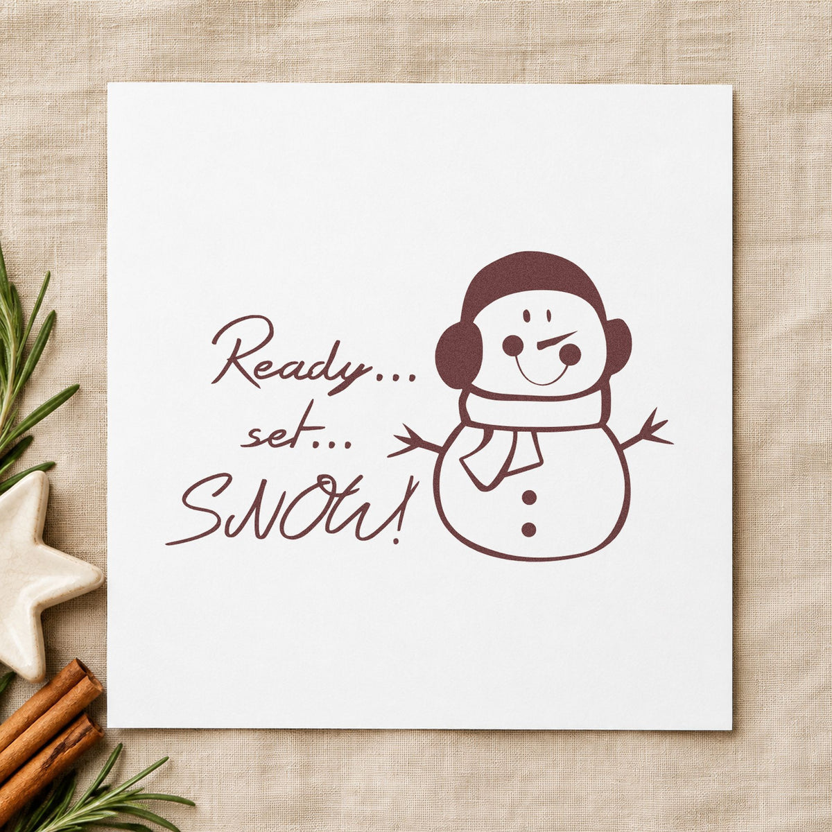 Ready Set Snow Snowman rubber stamp printed in brown ink, ready for classroom chart header and similar paper crafts.