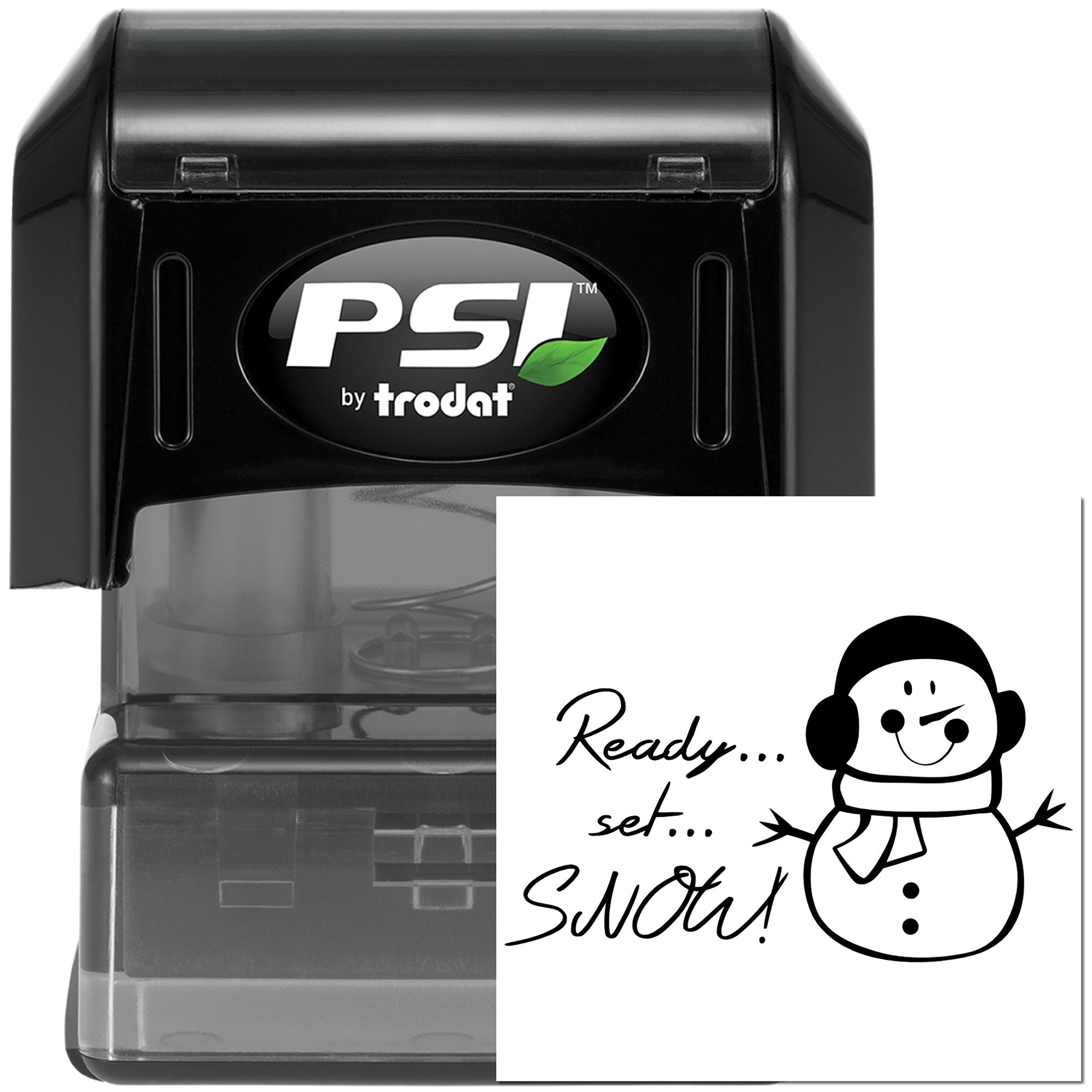 PSI by Trodat self-inking rubber stamp with snowman and Ready, set, snow! holiday greeting design