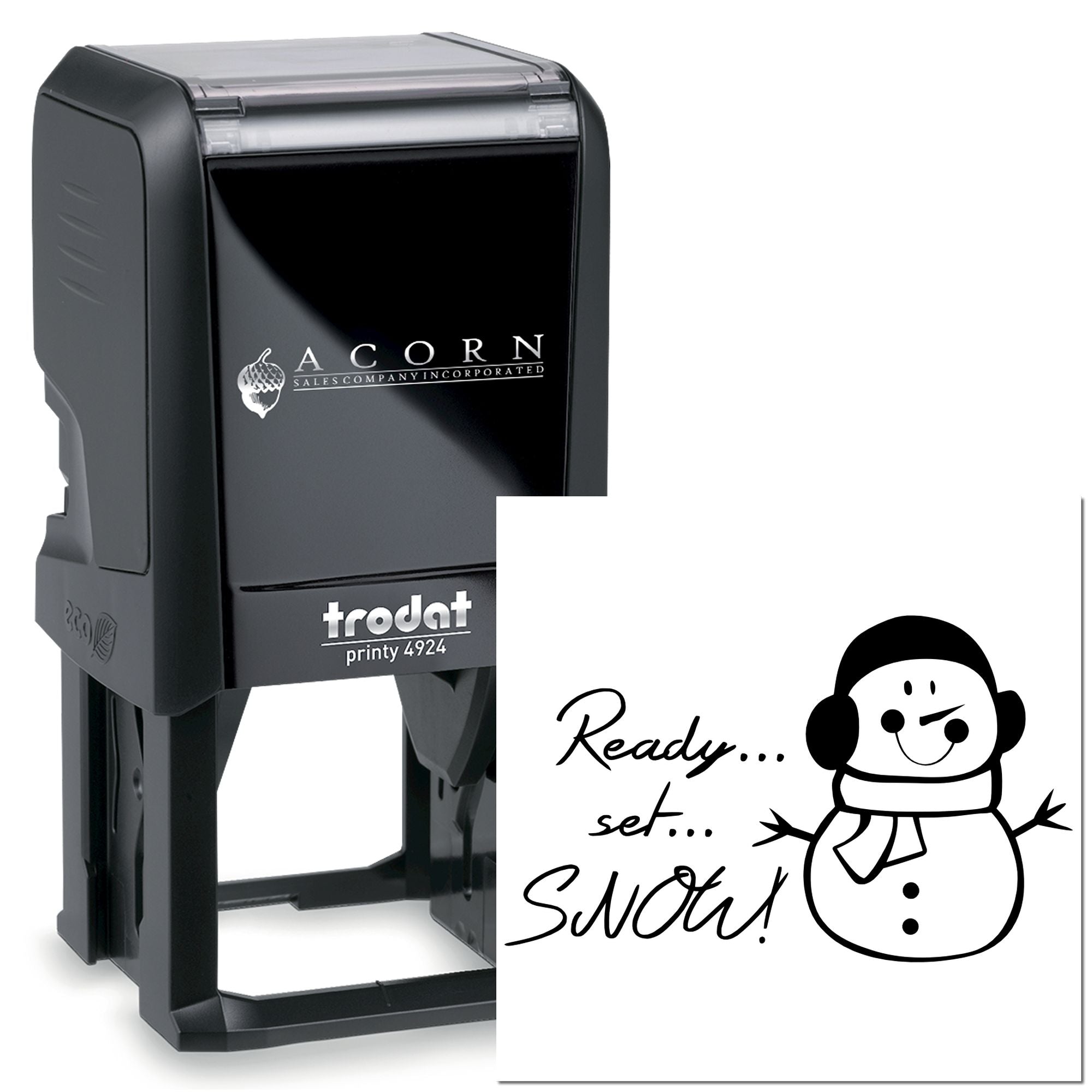 Trodat Printy 4924 self-inking rubber stamp with snowman design and Ready, set... Snow! imprint for seasonal branding.