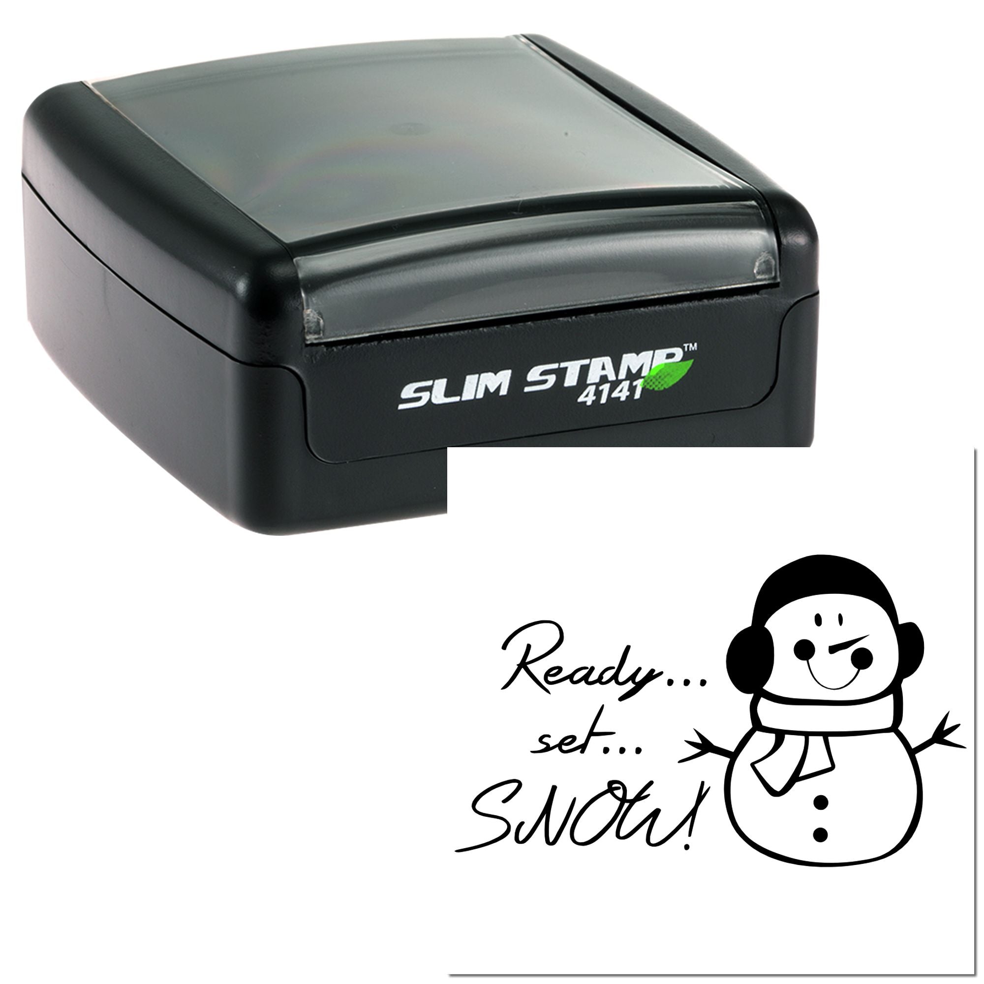 Slim self-inking rubber stamp with snowman and Ready... set... SNOW! holiday message for winter mailings.