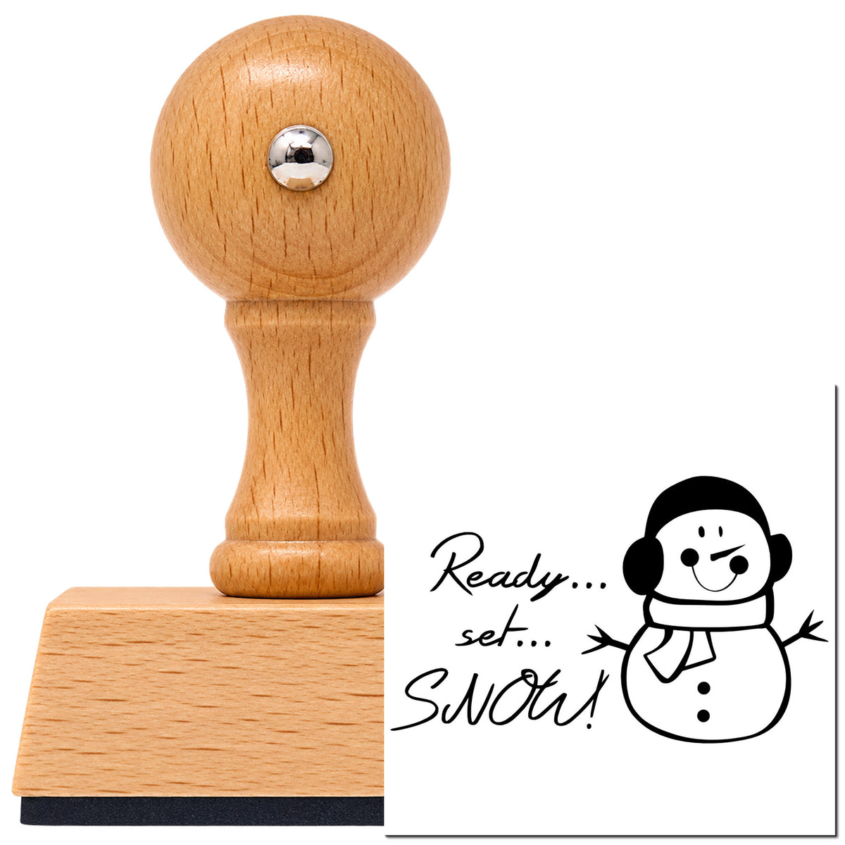Ready Set Snow Snowman Vintage Pro rubber stamp in European beech wood with a round knob handle, shown beside its black imprint.