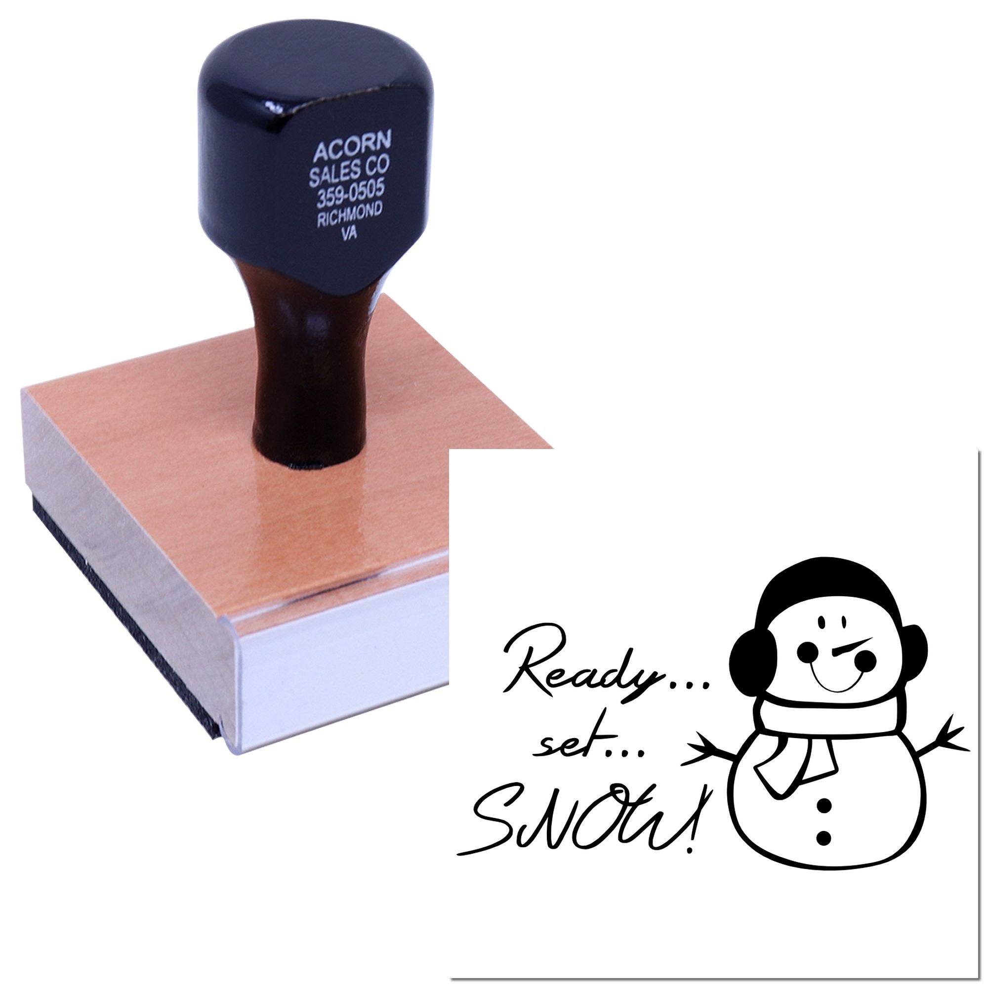 Custom self-inking rubber stamp with business address and holiday snowman Ready, set, snow! design.