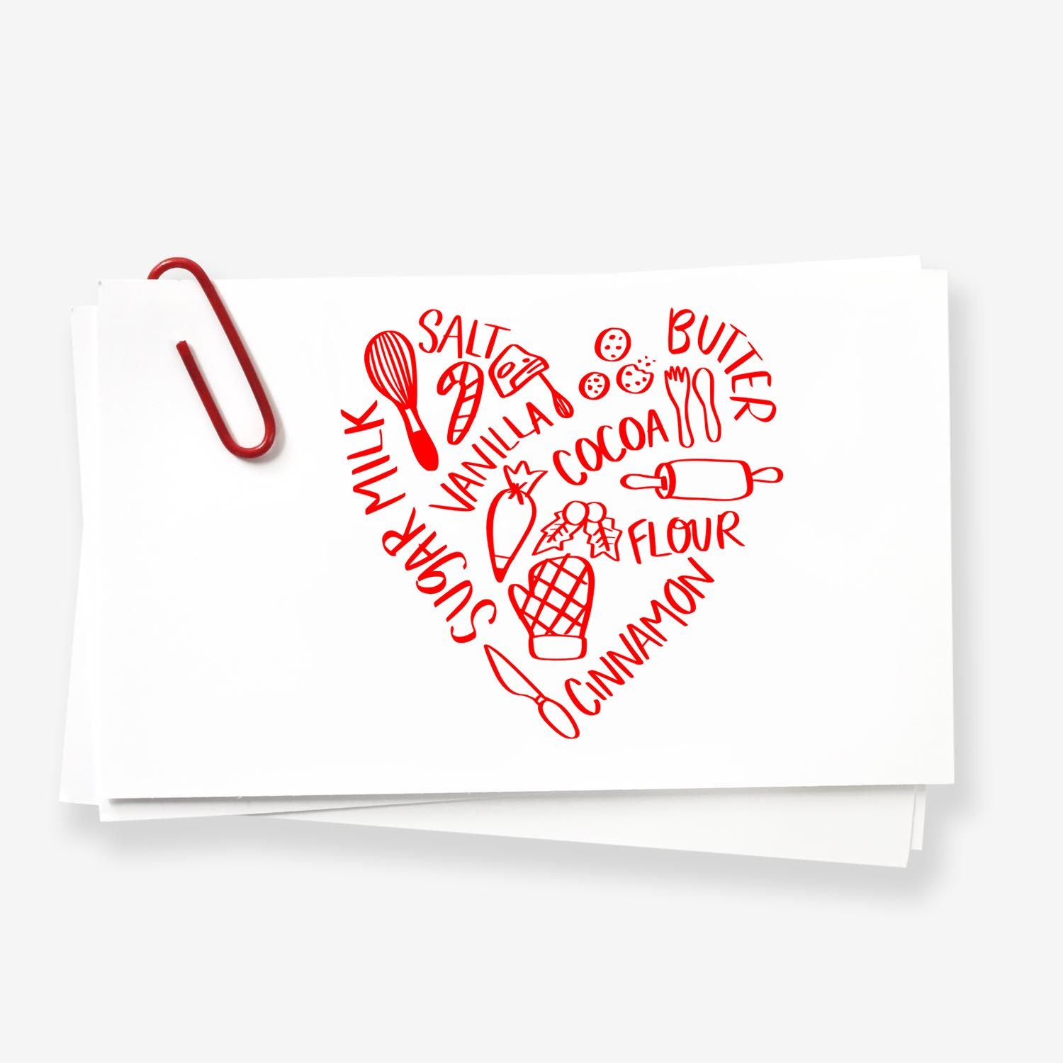 Baking-themed rubber stamp design with heart made of kitchen words and utensils, ideal for recipe cards and cookbooks.