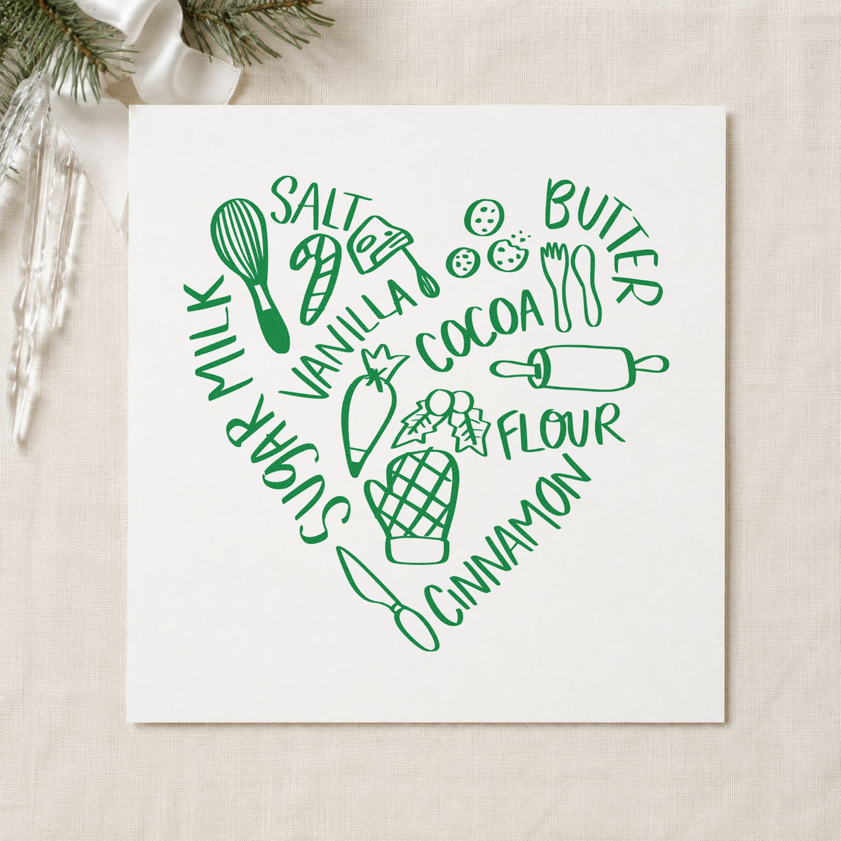 Baking Ingredients Heart craft stamp imprint in green ink on a handmade project, one idea being jar mix gift tags.