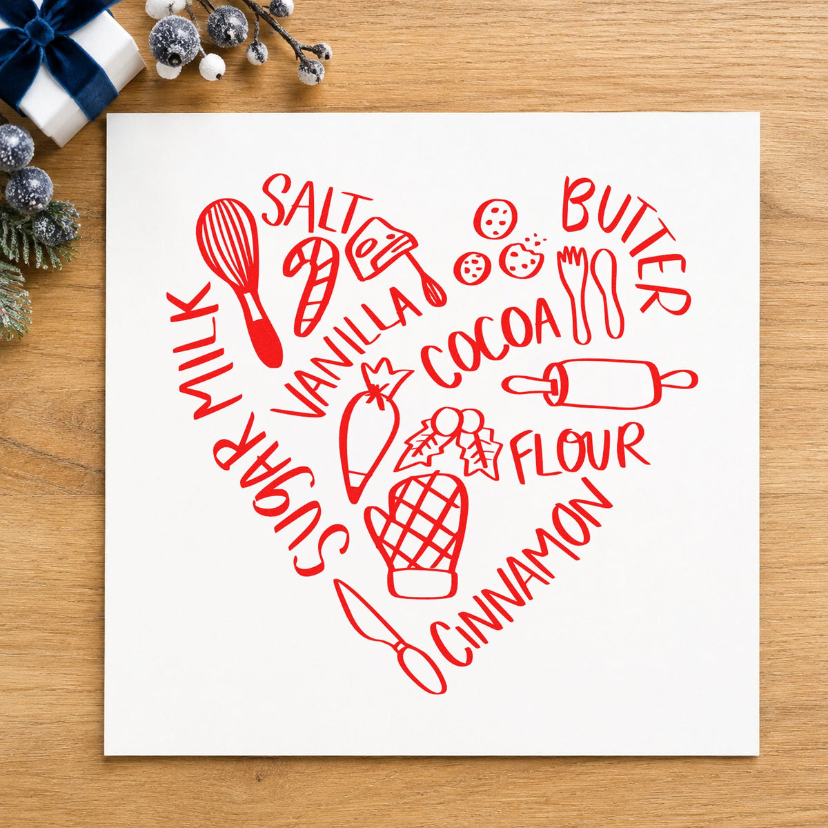 Baking Ingredients Heart craft stamp in red ink on cardstock, an easy option for flour sack curtain.