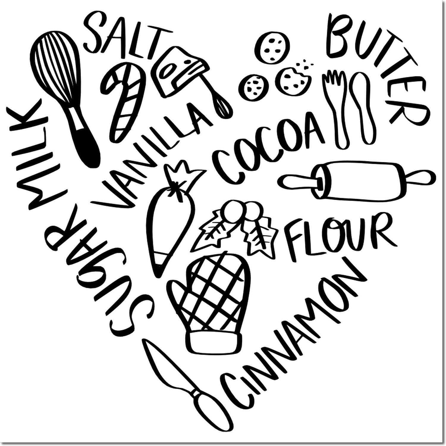 Black and white baking rubber stamp design with heart-shaped ingredients and utensils: flour, sugar, cocoa, butter, vanilla, cinnamon and milk.