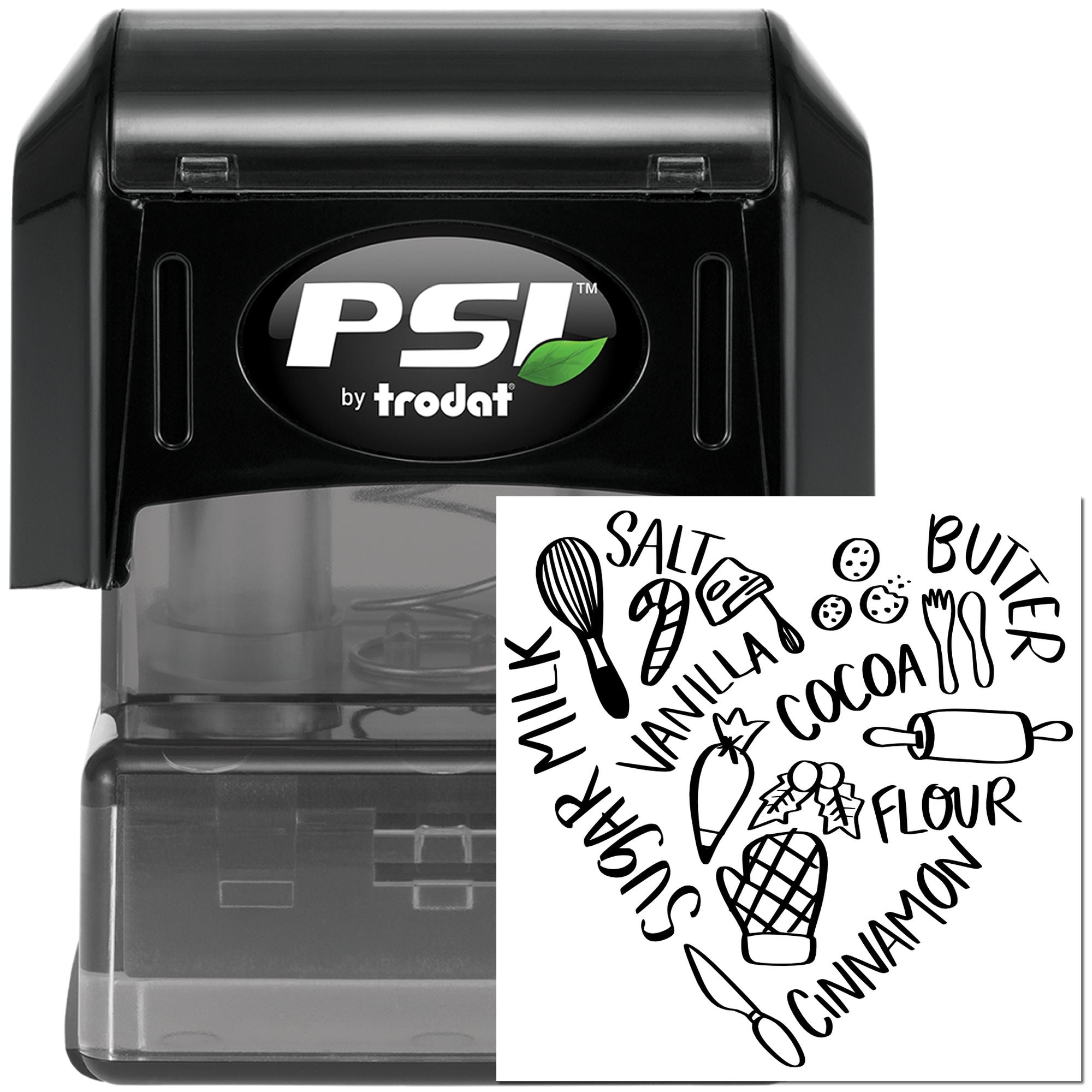 PSI by Trodat food ingredient rubber stamp for baking labels and kitchen packaging, with milk, salt, vanilla, cocoa and flour icons.