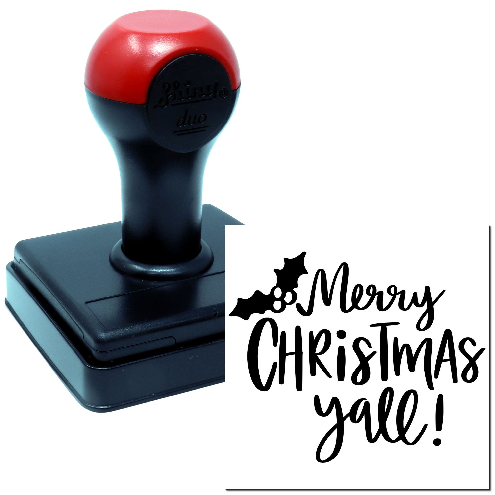 Custom self-inking rubber stamp with Merry Christmas y'all holly design, ideal for festive holiday cards and crafts.