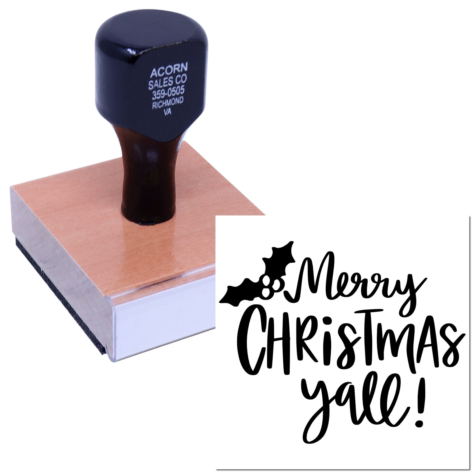 Self-inking Merry Christmas Yall rubber stamp with holly design for holiday cards, crafts, and festive business mail.