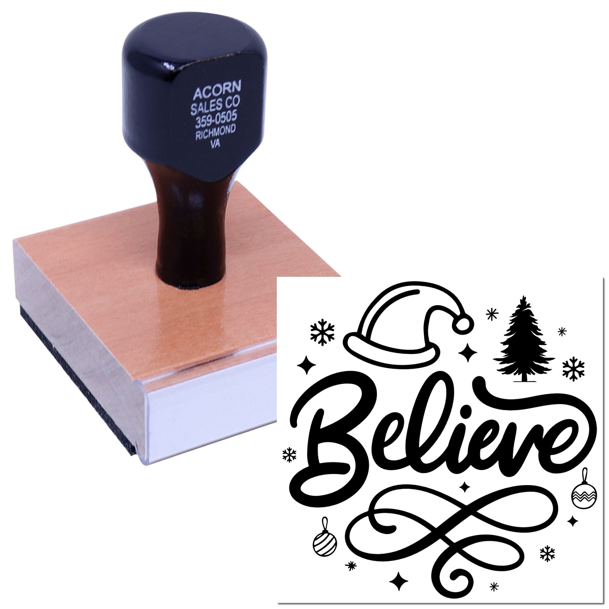 Christmas rubber stamp with Believe design, Santa hat, tree, and snowflakes for holiday cards, crafts, and gift packaging.