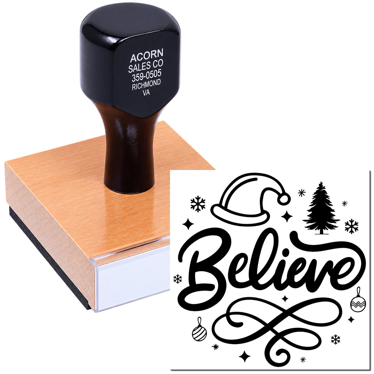 Christmas rubber stamp with Believe design, Santa hat, tree, and snowflakes for holiday cards, crafts, and gift packaging.