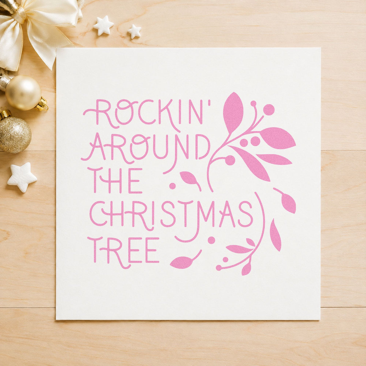 Rockin Around Christmas Tree craft stamp in purple ink on cardstock, an easy option for party playlist page.