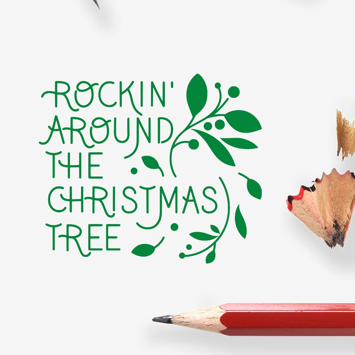 Rockin Around Christmas Tree rubber stamp shown in green ink, stamped for projects such as party playlist page.
