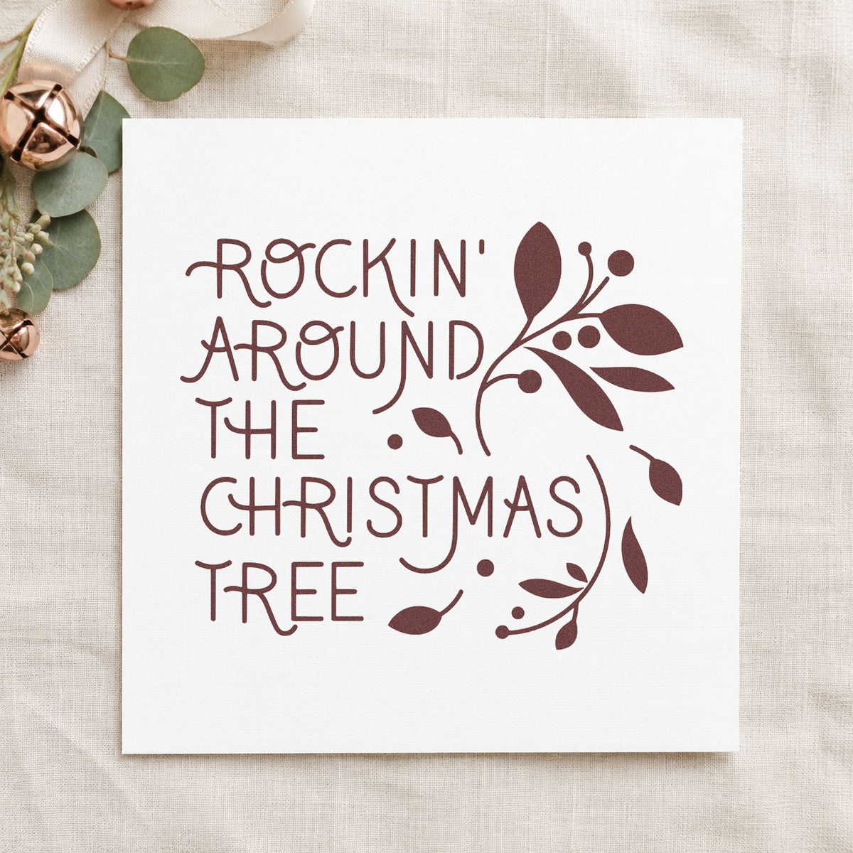 Rockin Around Christmas Tree rubber stamp printed in brown ink, ready for dance recital programs and similar paper crafts.