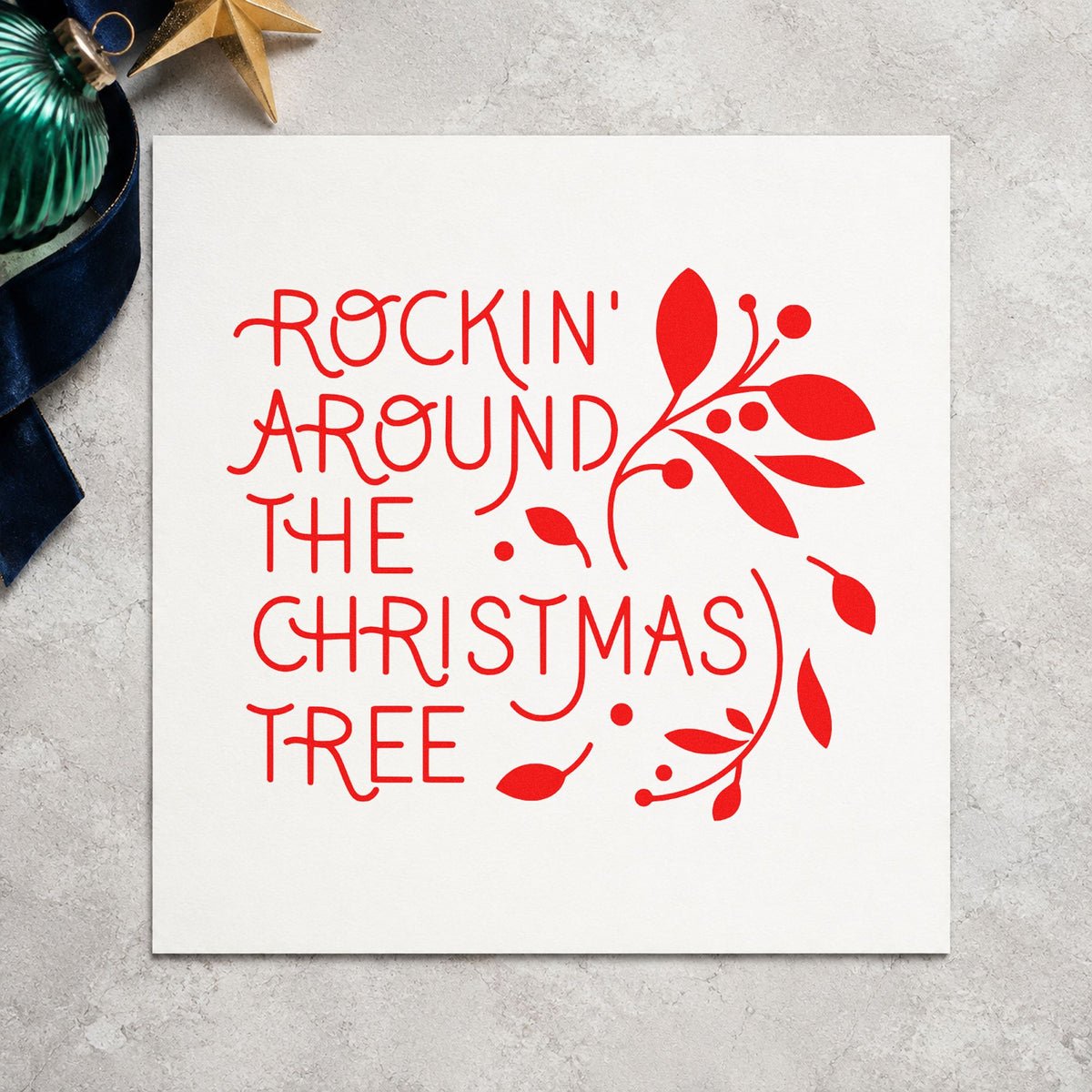 Rockin Around Christmas Tree craft stamp in red ink on cardstock, an easy option for band tee ink print.