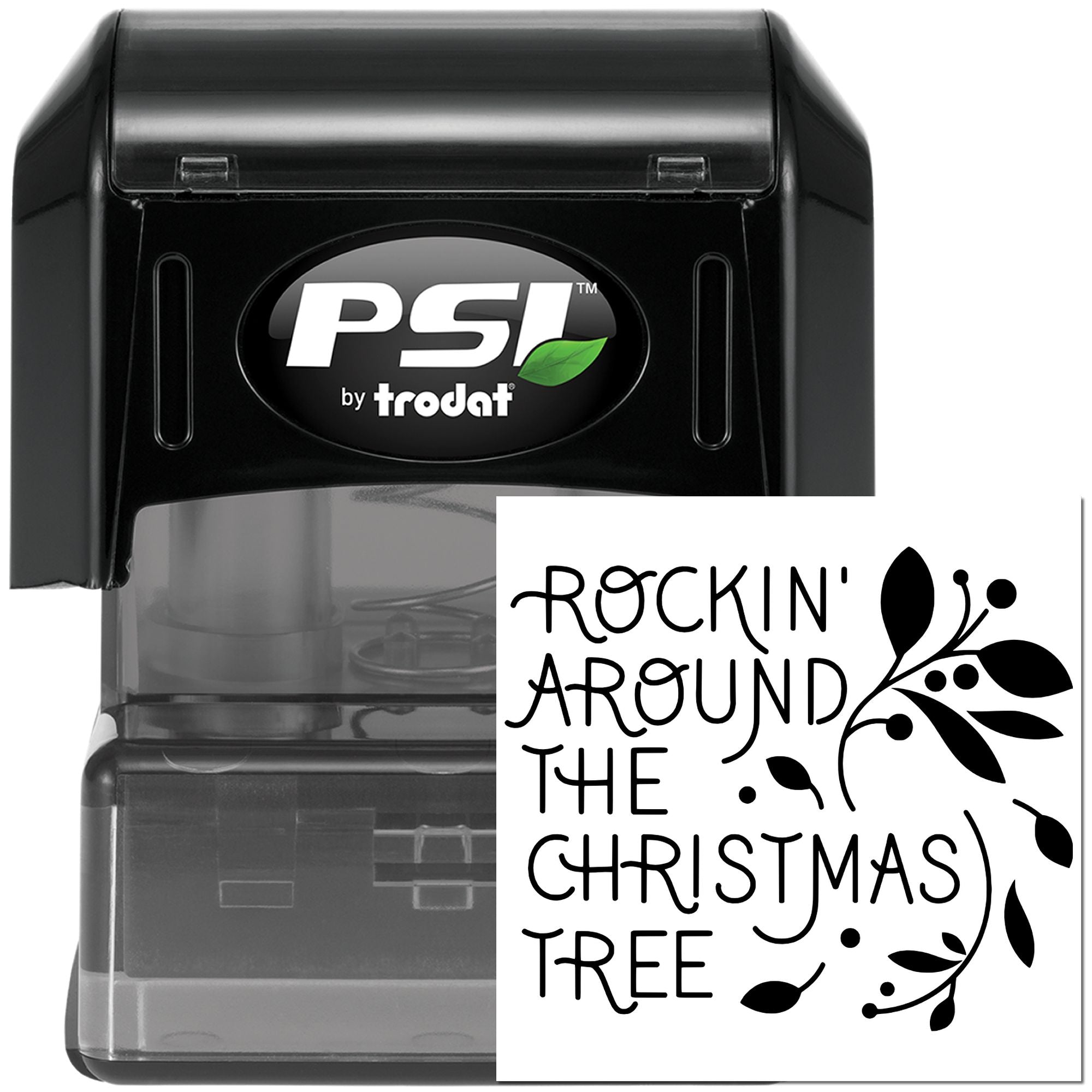 PSI by Trodat self-inking rubber stamp with Rockin Around the Christmas Tree holiday design for festive crafts