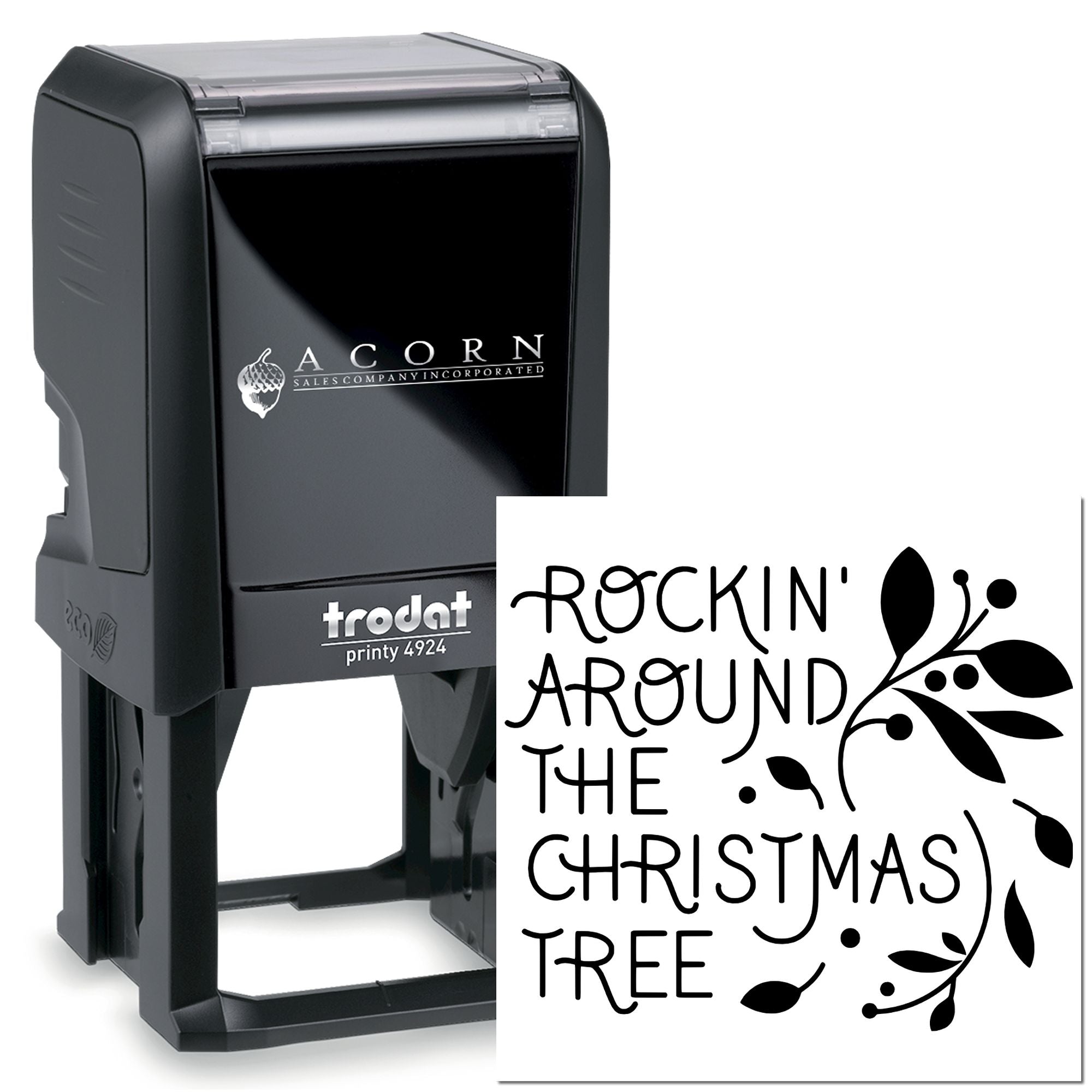 Custom self-inking rubber stamp with Rockin Around the Christmas Tree design for holiday cards and gift packaging.