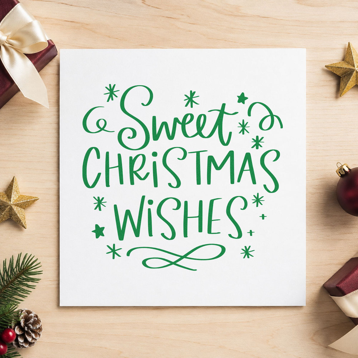 Sweet Christmas Wishes craft stamp imprinted in green ink on paper, a design suited to framed vanity mirror.