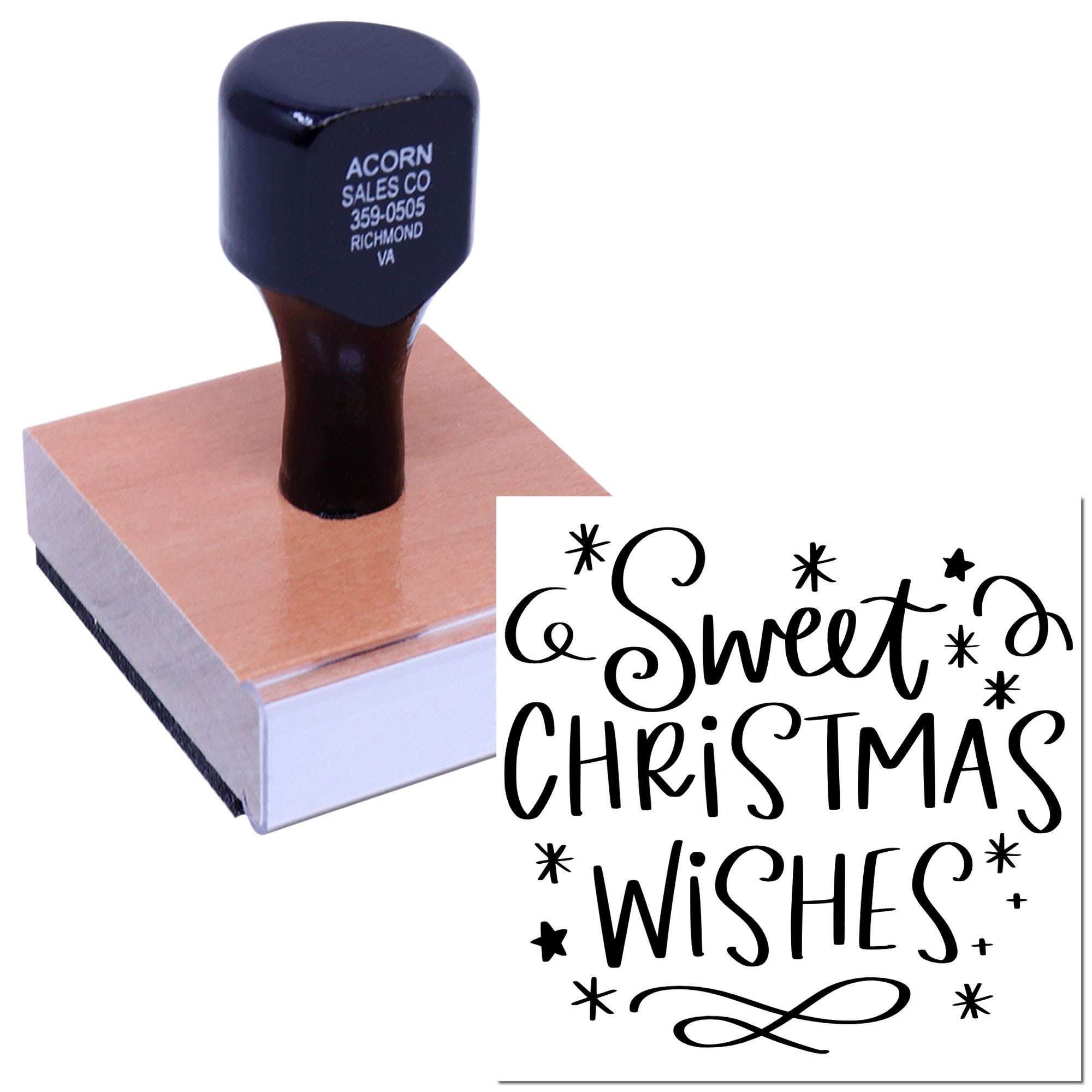 Sweet Christmas Wishes custom rubber stamp with decorative holiday lettering for festive cards and craft projects.