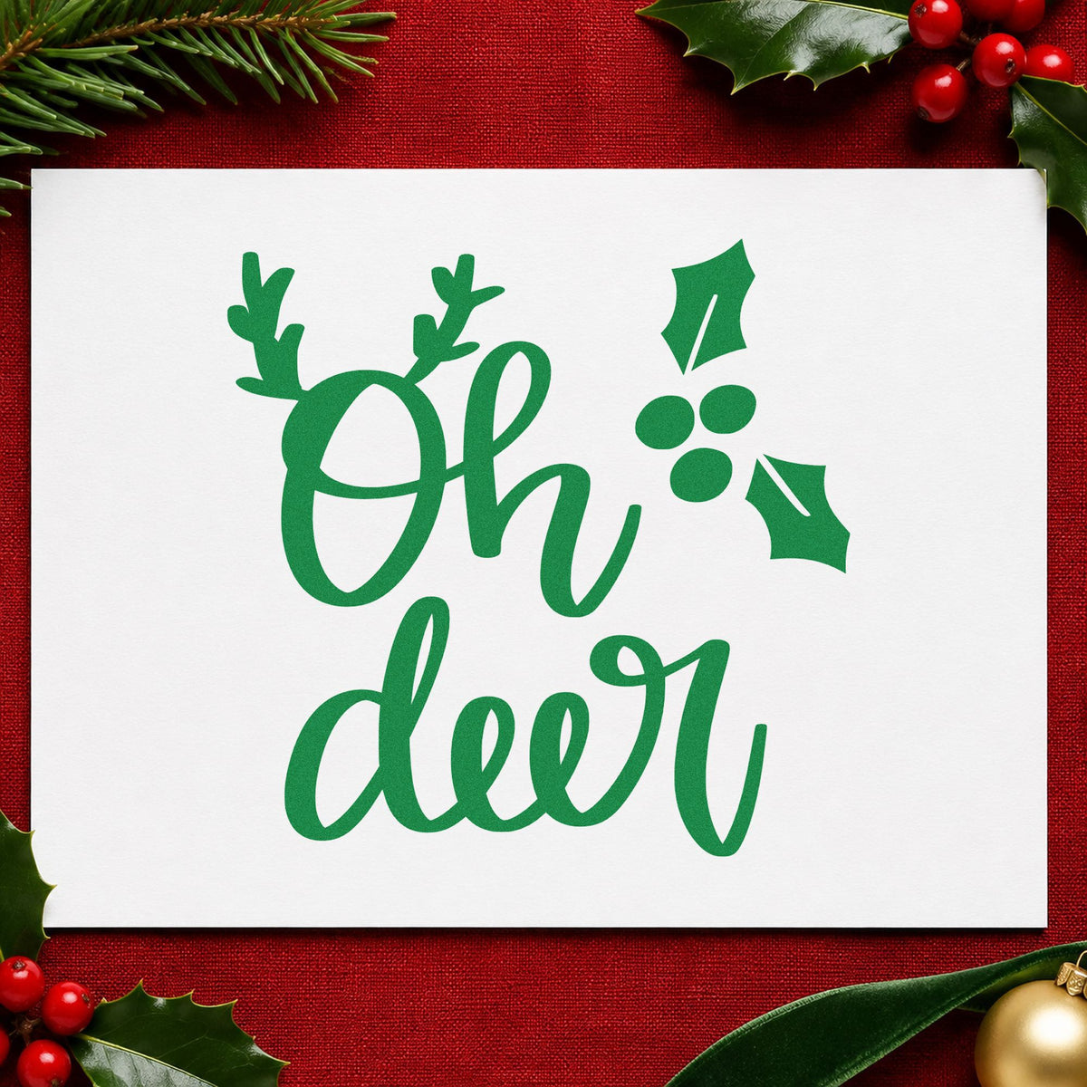 Oh Deer Antlers Holly craft stamp imprint in green ink on a handmade project, one idea being jerky bag gift tags.