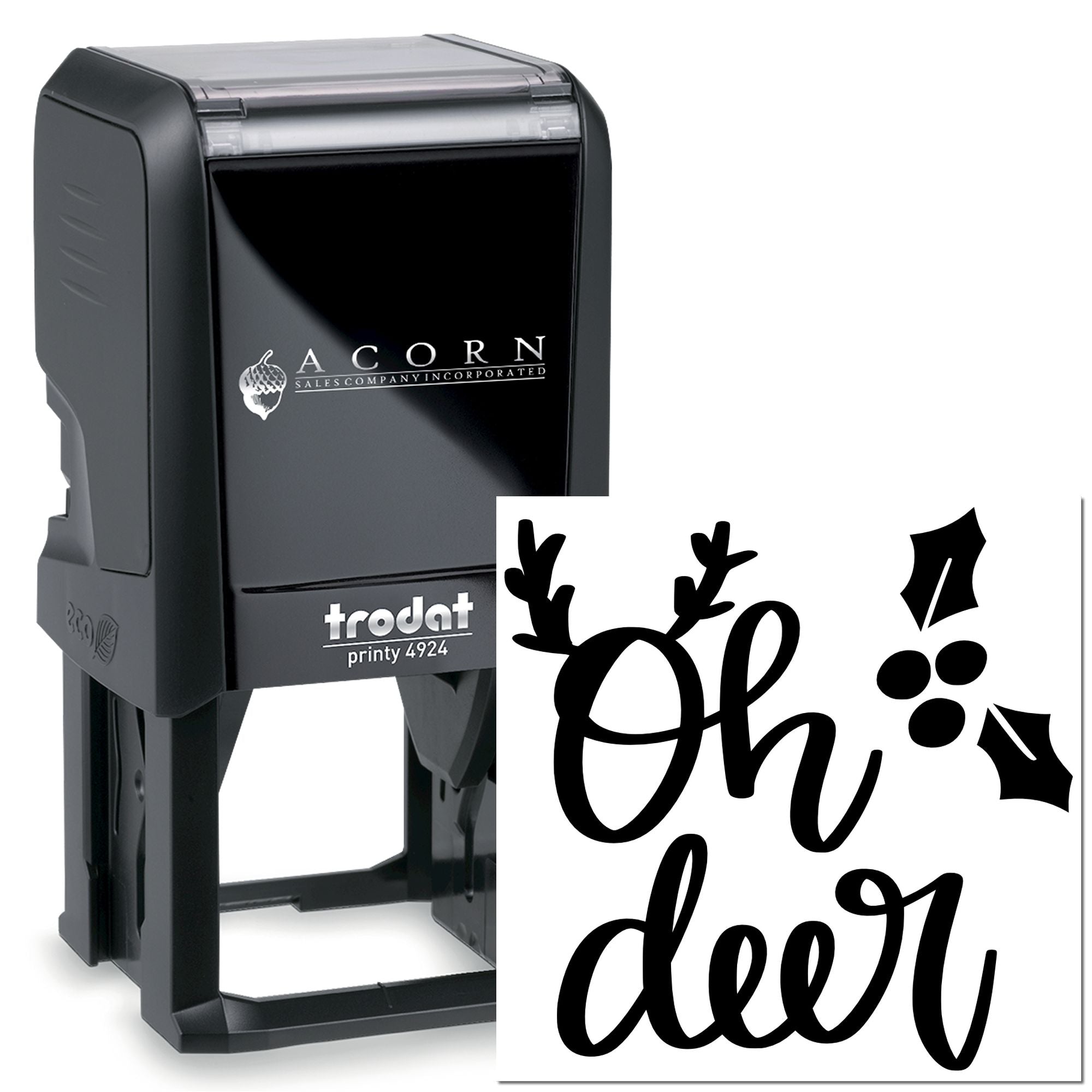 Custom self-inking rubber stamp Trodat Printy 4924 with Oh deer! Christmas greeting and festive antler design.