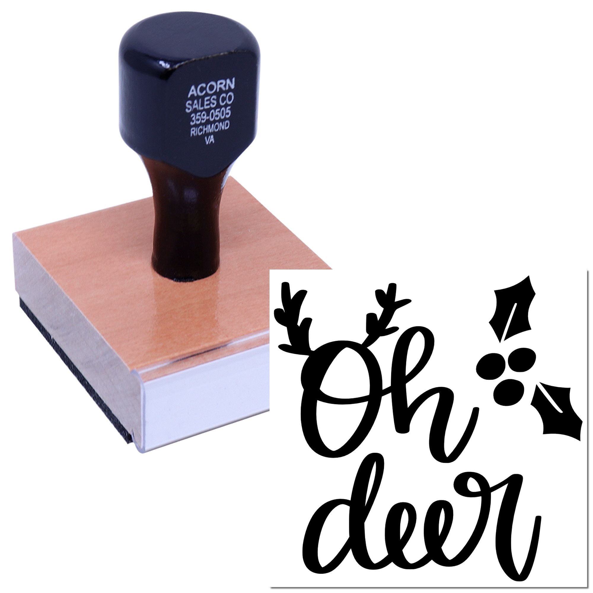 Custom rubber stamp with deer-themed Oh, deer design, ideal for holiday cards, paper crafting, and personalized stamping.