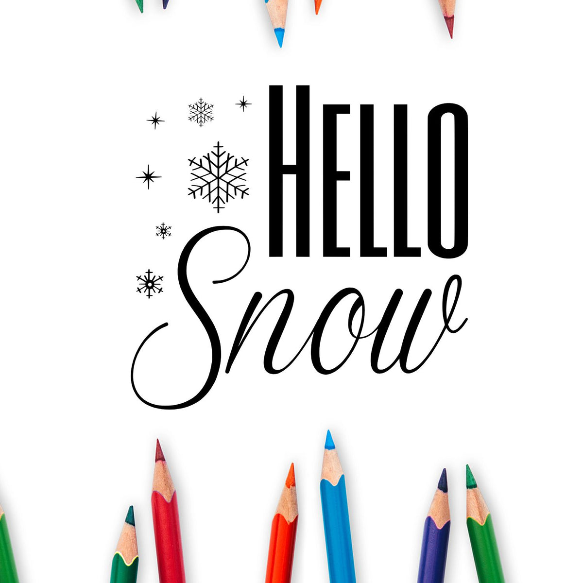 Hello Snow Snowflakes Premium Wooden Stamp - Vintage Pro imprint stamped in black ink. Bold "Hello" sits above thin script "Snow" beside scattered snowflakes.