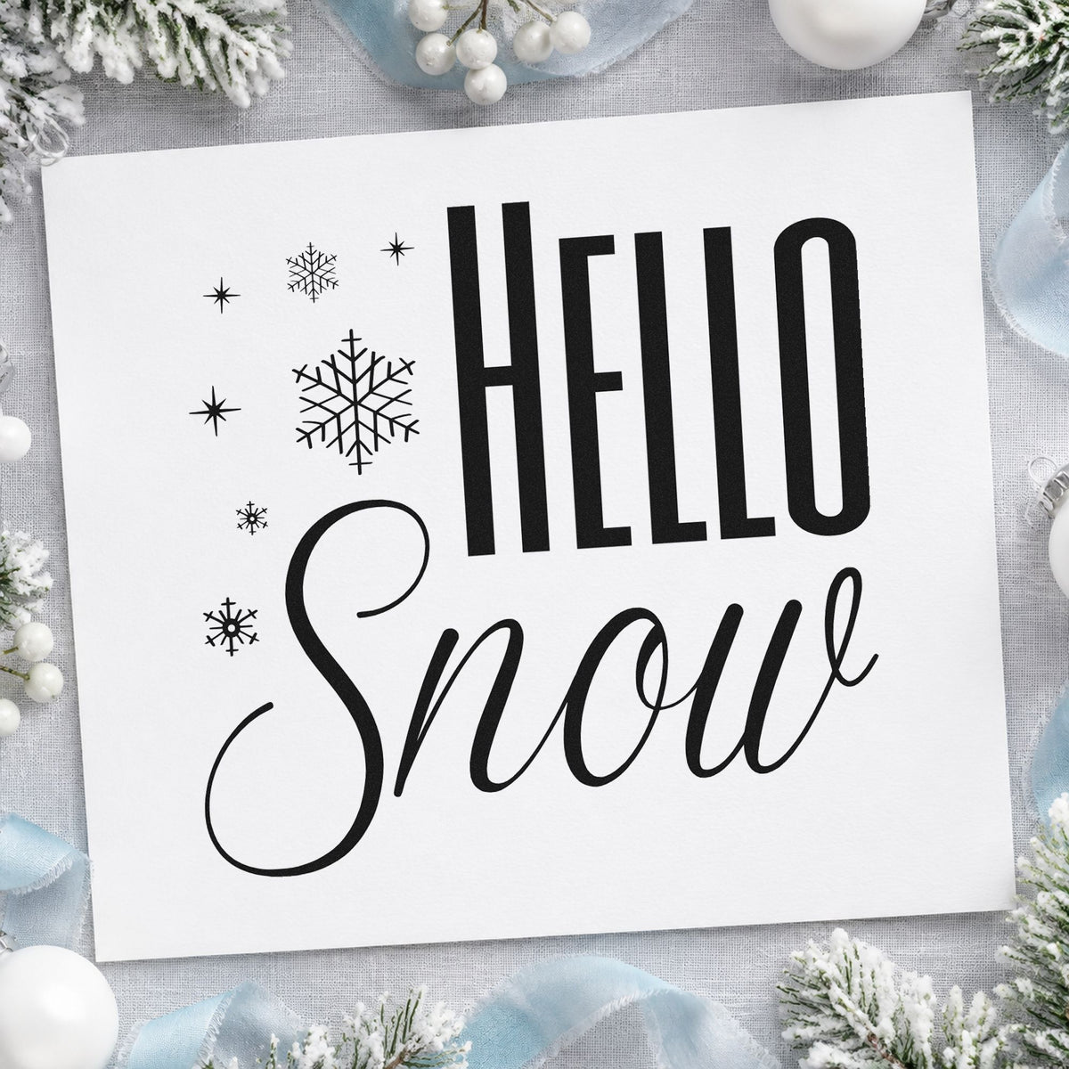 Hello Snow Snowflakes rubber stamp printed in black ink, ready for hello snow cards and similar paper crafts.
