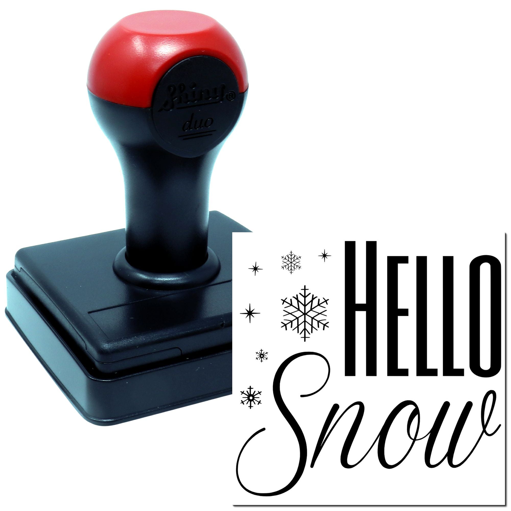 Self-inking custom rubber stamp with Hello Snow winter greeting design for holiday cards, crafts, and seasonal stationery.
