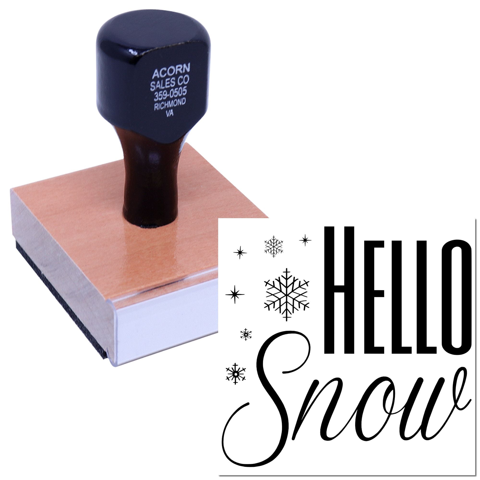 Custom rubber stamp with Hello Snow winter greeting and snowflake design for seasonal cards, crafts, and packaging.