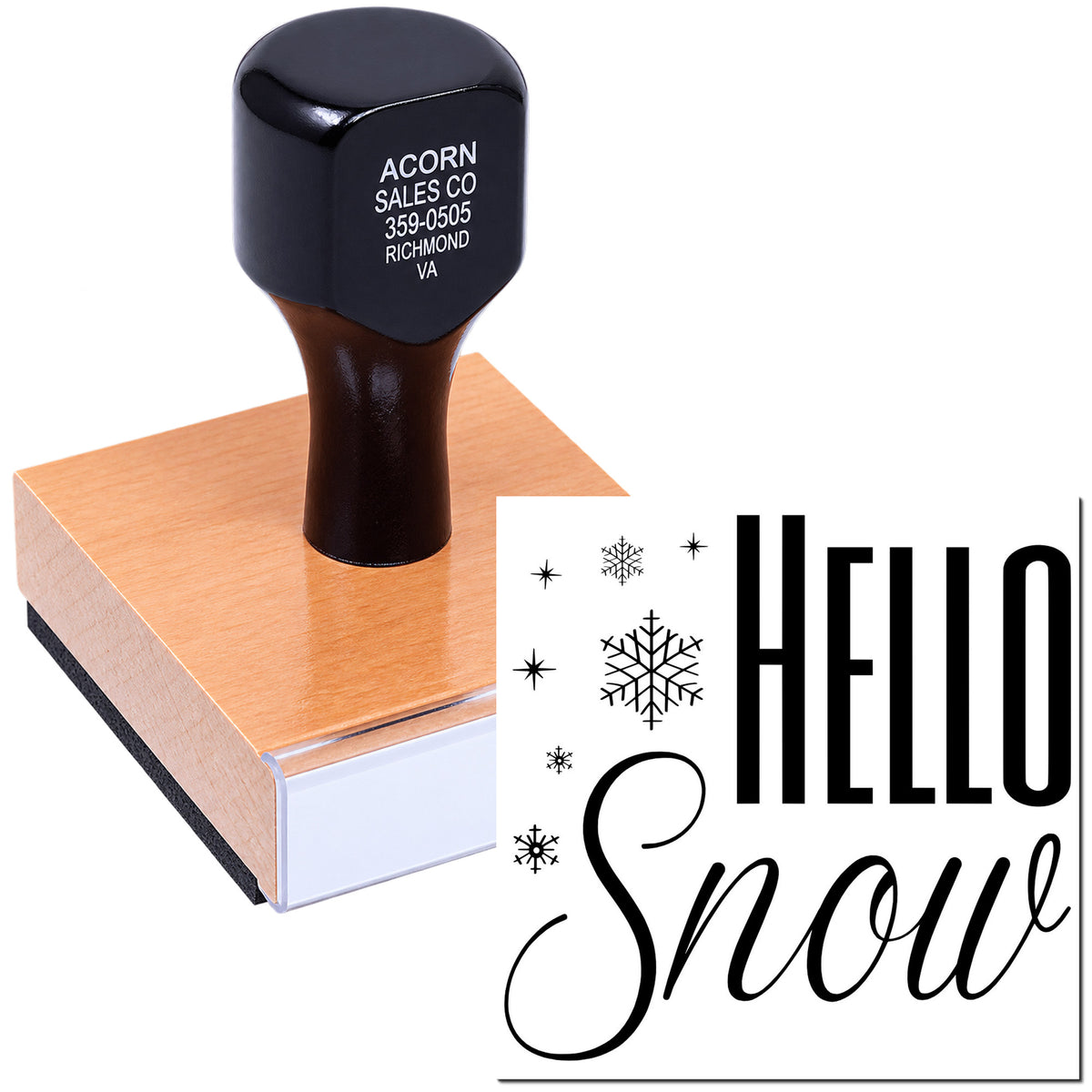 Custom rubber stamp with Hello Snow winter greeting and snowflake design for seasonal cards, crafts, and packaging.